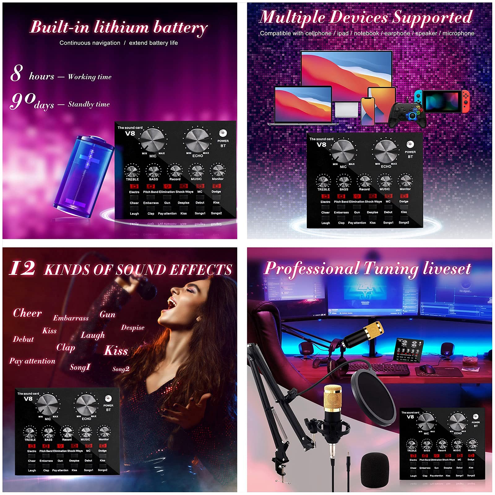 SGSG Bundle Microfono a condensatore Multifunzione BM-800 Scheda Audio Live Kit Microfono V8 Supporto Antiurto in Metallo e Supporto per Microfono Regolabile Utilizzato per la Registrazione Music