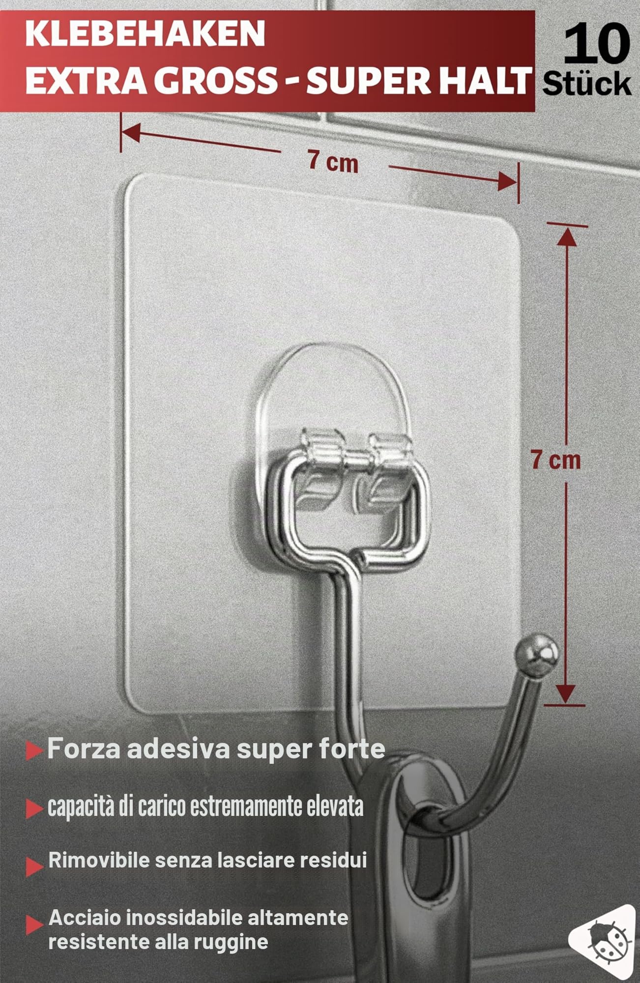 Menz Ganci adesivi extra forti – Set di 10 ganci autoadesivi trasparenti con portata di 15 kg ciascuno, ganci girevoli a 180°, supporti adesivi per cucina, bagno, decorazione