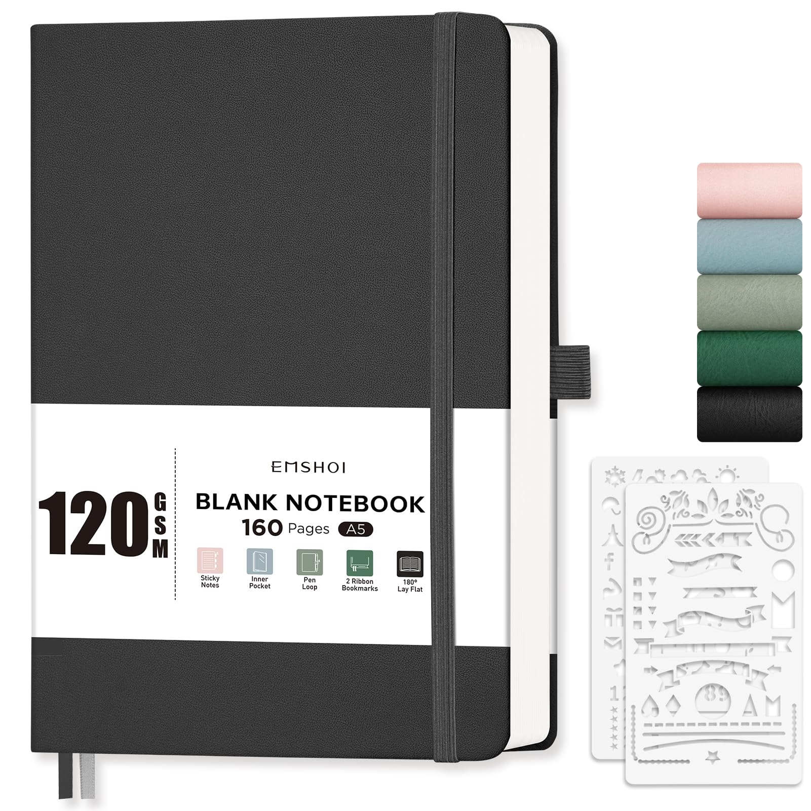 EMSHOI A5 Notebook Blank Journal, 120 GSM Hardcover Leather Sketch Book with Doodle Stencil, 160 Pages Unlined