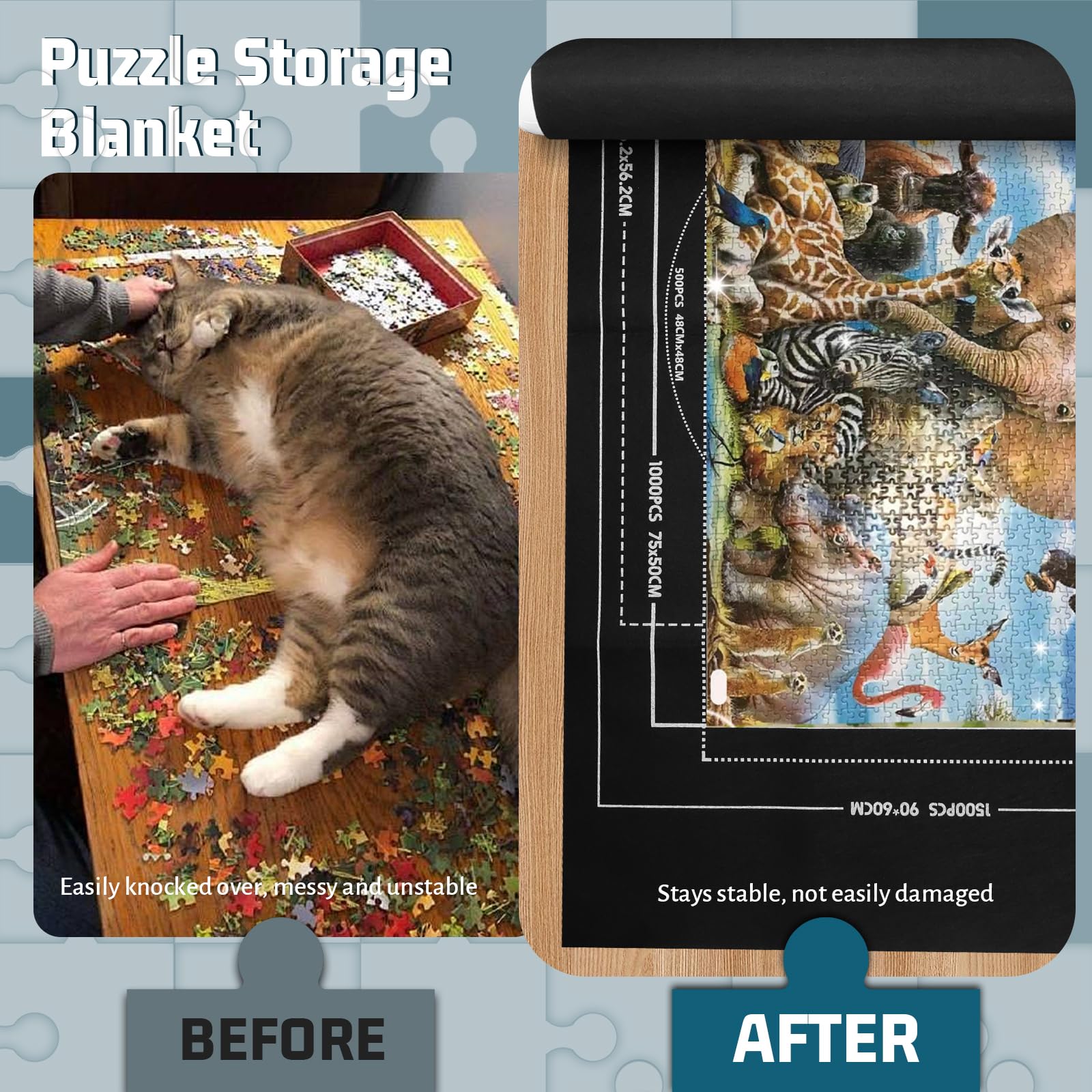 Mata do puzzli, 500, 1000, 1500 elementów, podkładka do puzzli, do 1500 puzzli, mata rolowana z 4 filcowymi miseczkami do sortowania, do przechowywania puzzli