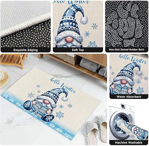 Miniatura 5 de Hello Winter - Tapete para puerta delantera, 18 x 30 pulgadas, tapete absorbente de gnomos de Navidad, copo de nieve azul, tapete lavable para baño,