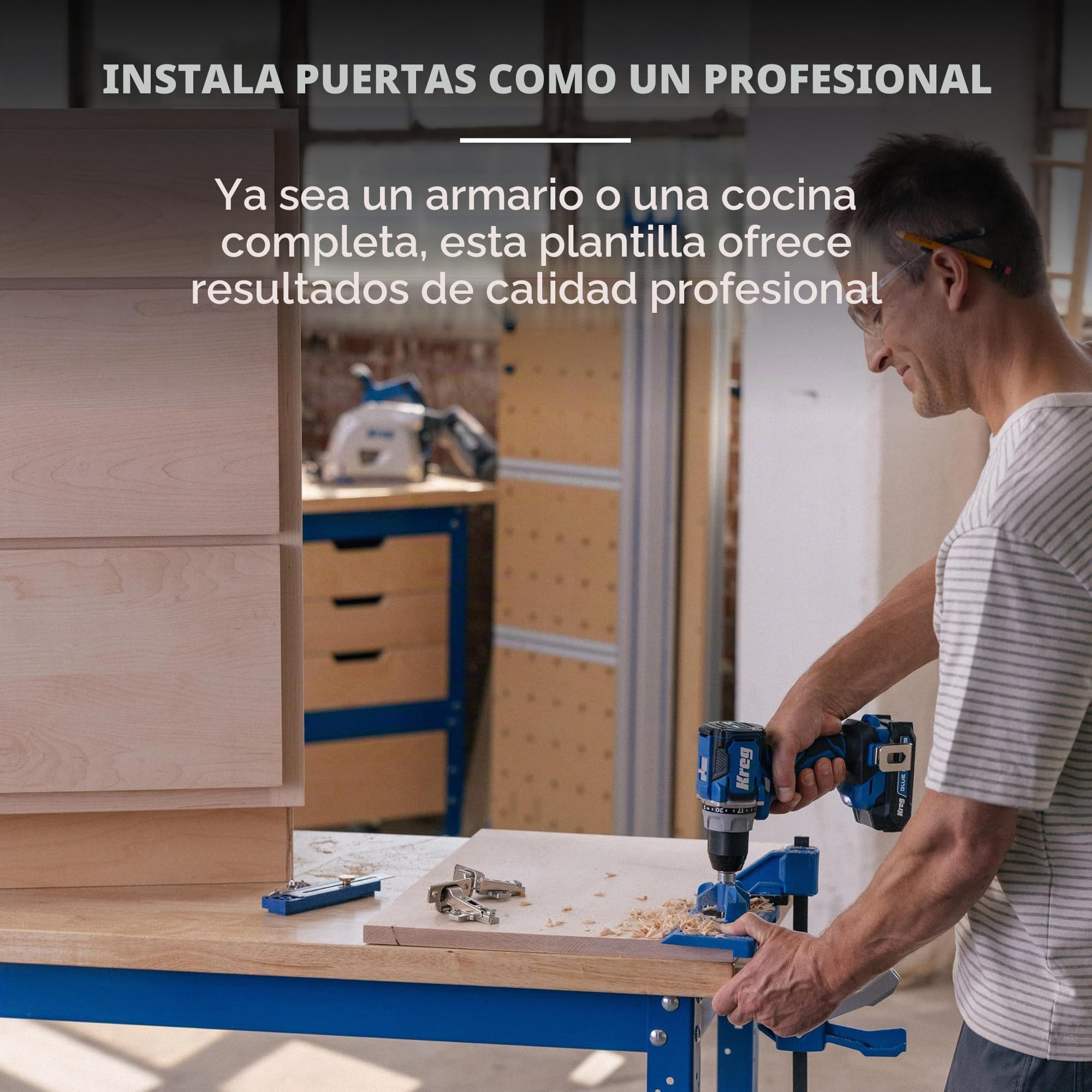 Plantilla para bisagras ocultas Kreg, para bisagras de 35 mm ocultas, Desplazamiento ajustable de la bisagra (3–6 mm), Incluye broca de carburo de tungsteno de 35 mm y tope de profundidad