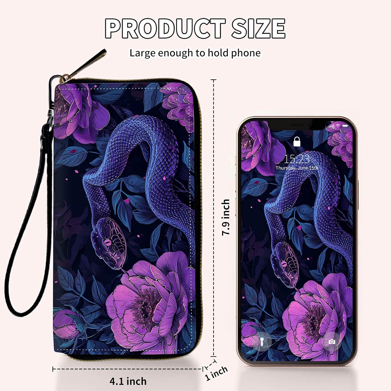 Ladies Wallet,Clutch Purses for Women Wallets Leather Credit Card Holder for Women Wristlet Slim Small Cute with Zipper,Thin RFID Blocking with Wrist Strap,Purple Flower Snake