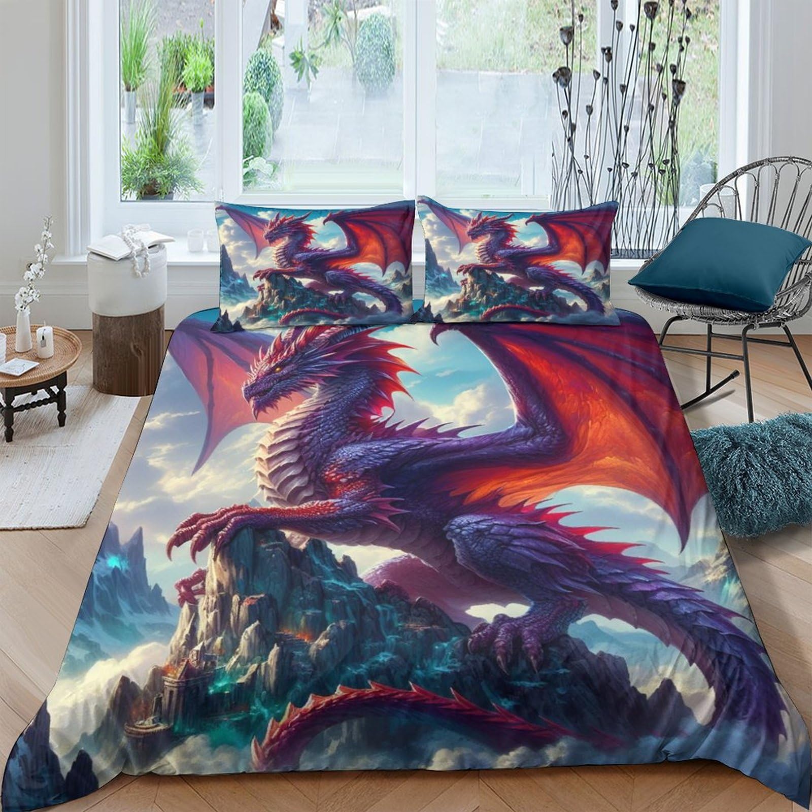 Tnfhsoft Flying Dragon Duvet Cover Set 3D Quilt Cover Decorative Microfiber Comforter Cover Set With Pillow Shams, Zipper, Soft Lightweight 3 Pieces Double（200X200cm）