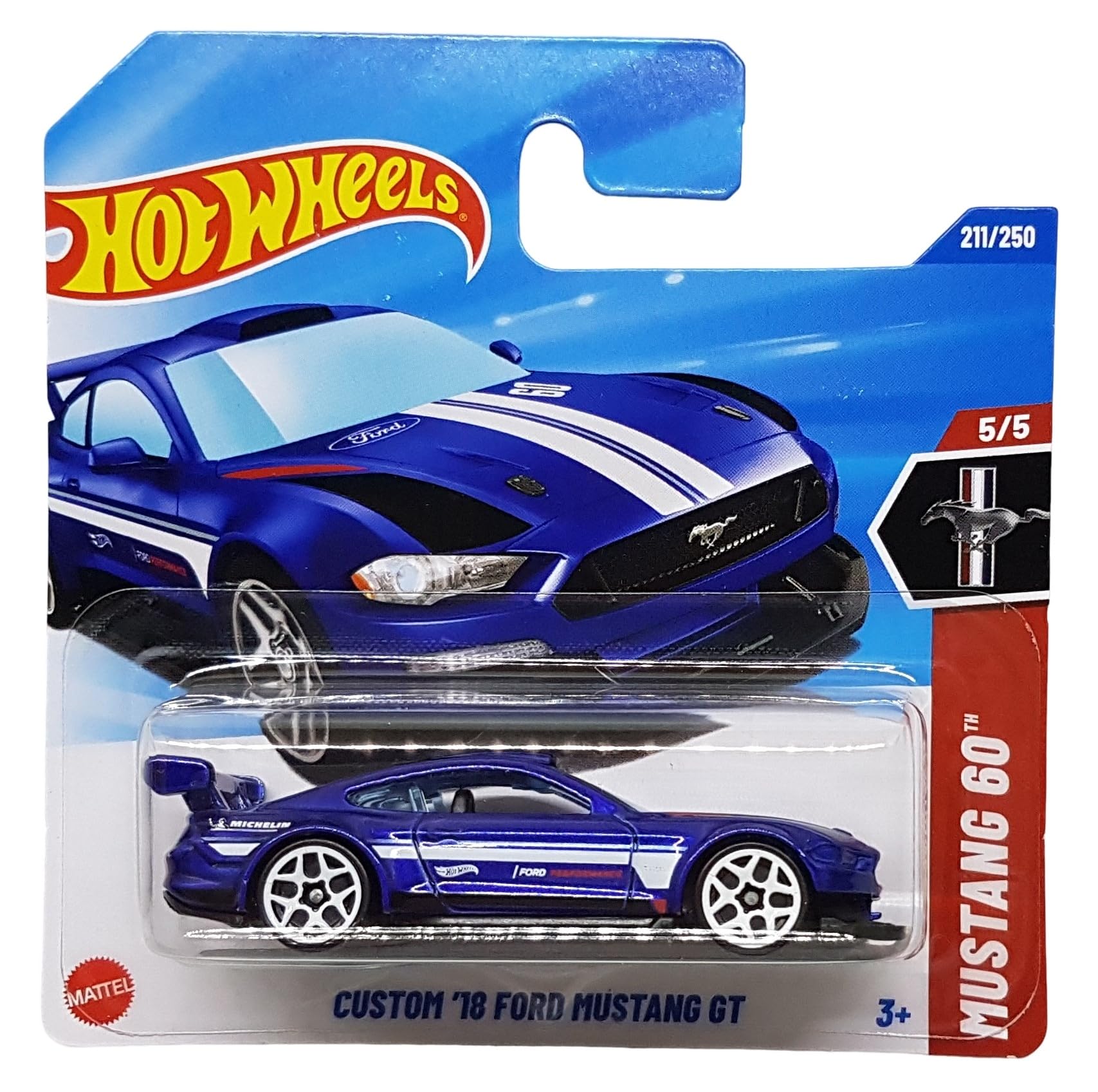 Hot Wheels Custom '18 Ford Mustang GT Blue HYY94 - Licensed Ford Model with Michelin Decals - Mustang 60th Anniversary 2025 - 1:64
