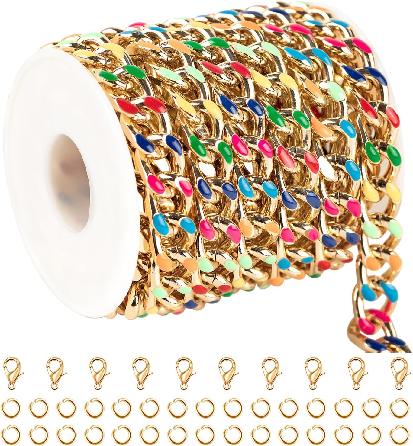 KYUNHOO 9.8 Feet Chunky Colorful Chain for Jewelry Making Gold Plated Chain Spool on Bulk Twist Curb Jewelry Links with Jump Rings Lobster Clasps for Women DIY Crafts