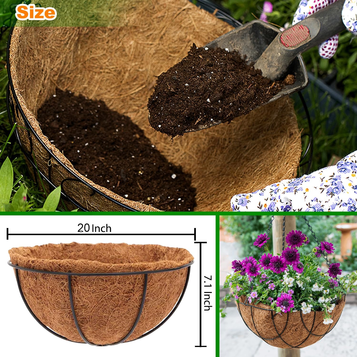 Coco Liners for Planters, 6-Pack 20 Inch Round Hanging Basket Liners, 100% Natural Coconut Fiber Basket Replacement Liners for Hanging Baskets Planters Flowers, Plants, Vegetables (20'' Pack of 6)