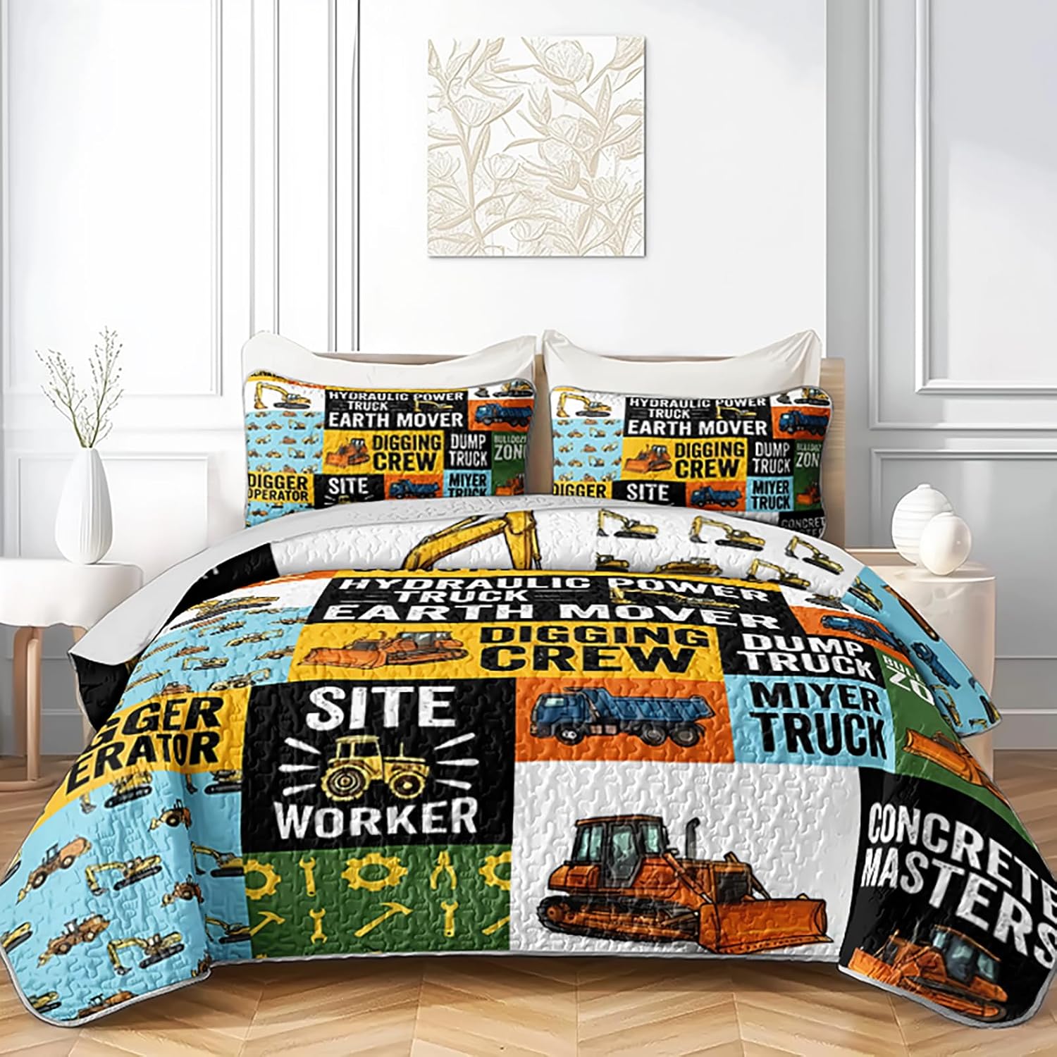 AILONEN Twin Quilted Comforter Set 3-Piece Construction Equipment Truck Bedspread Coverlet Lightweight Quilt for Kids Boys Excavator Soft Microfiber with 2 Pillowcases