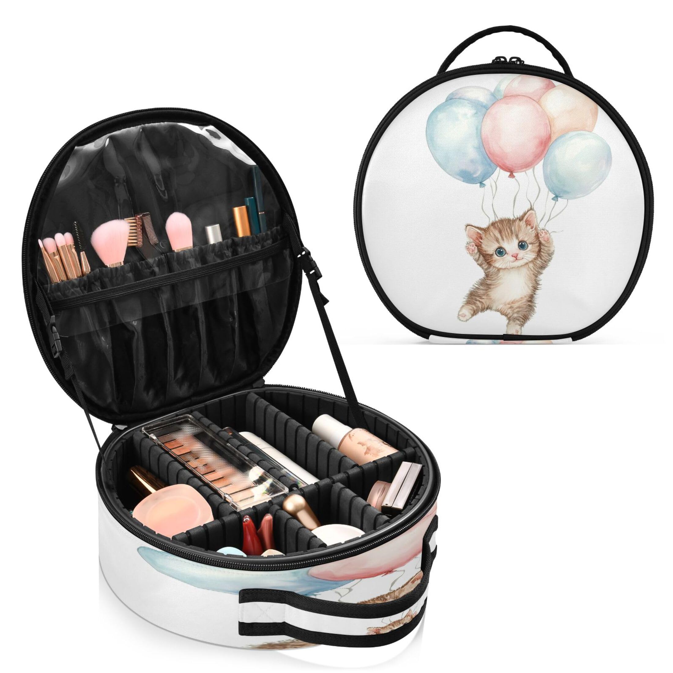 Takiito Cute Kitten Flying with Balloons Travel Makeup Case Portable Makeup Box Artist Cosmetic Case Organizer With Adjustable Dividers