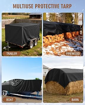 HIRALIY 20 Mil Heavy Duty Waterproof Tarp, 9.5x12ft Black Tarpaulin with Reinforced Webbing Loops, Multipurpose Oxford Fabric Tarp for Firewood, Roof, Camping, Pool
