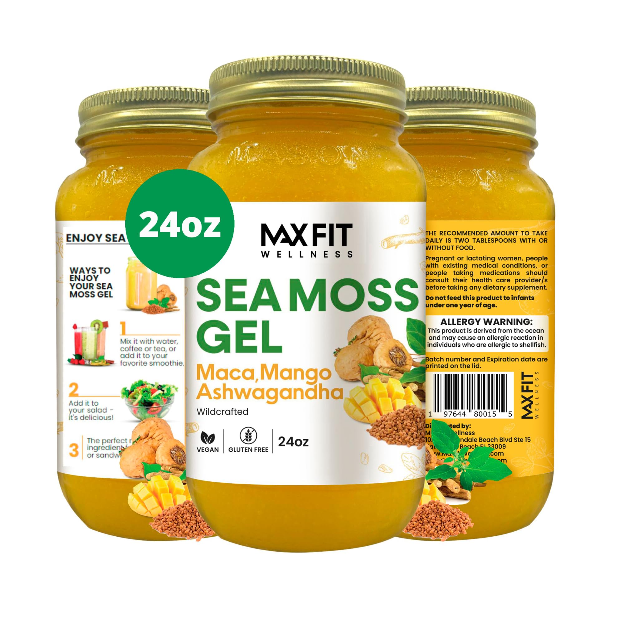 MAX FITSea Moss Gel Maca Ashwagandha 24oz WildŃrafted Gold Sea Moss Gel from Saint Lucia | 92 Vitamins and Minerals | Pure Raw+Non-GMO
