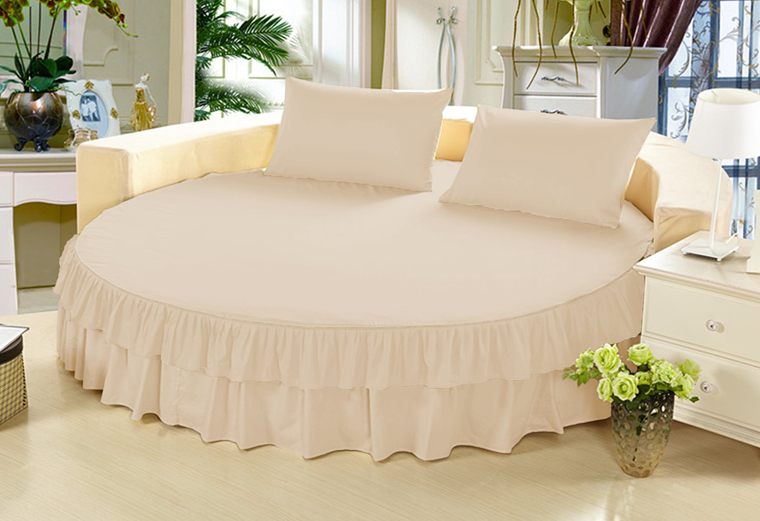 Falda de cama redonda beige de 203 cm con tres piezas de algodón egipcio 600 TC