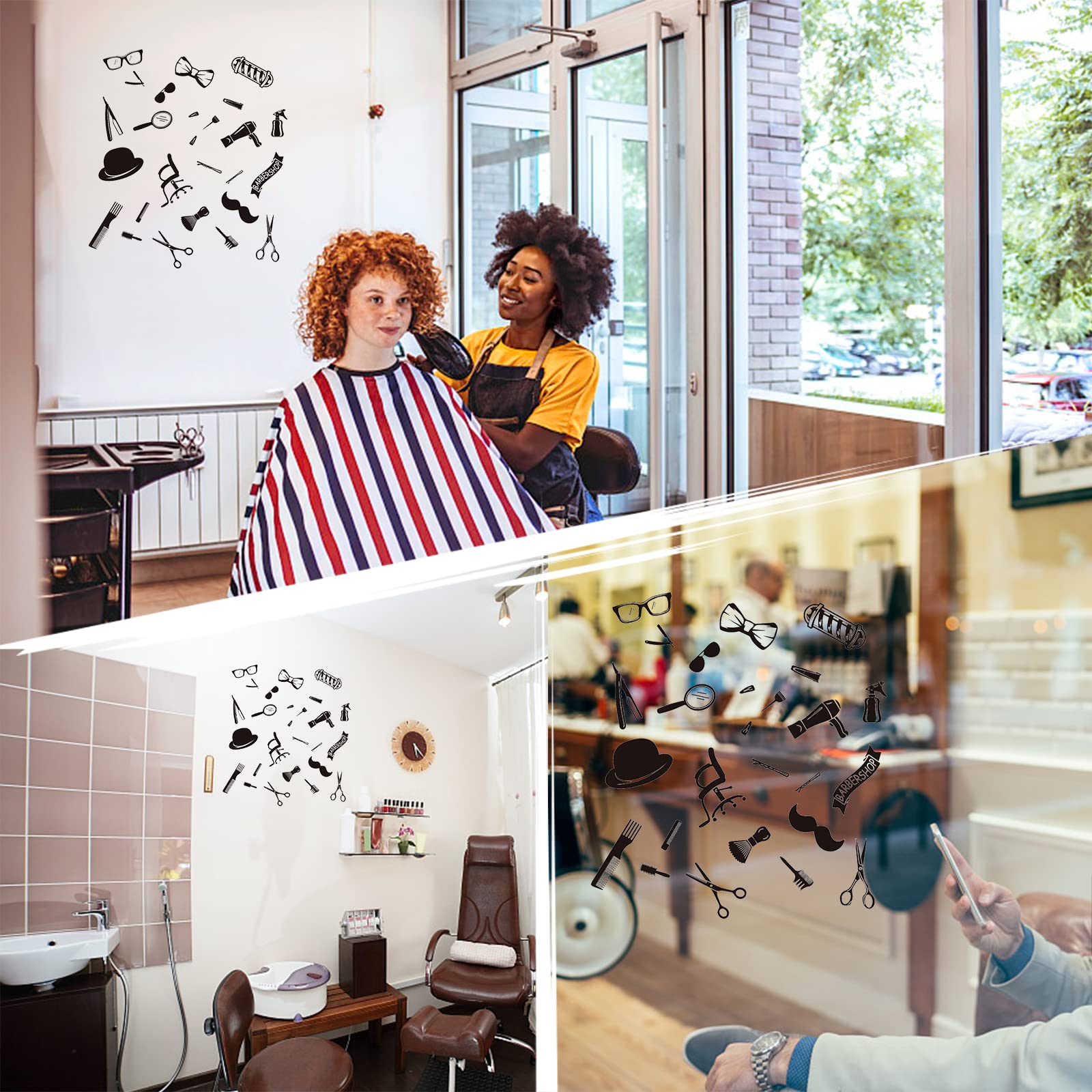 SUPERDANT Hair Beauty Salon Wall Decal Art Vinyl Shaver Pin Set Haircut Hairdressing Tools Removable Self-Adhesive Wall Stickers for Barber Shop Wall Decor 39x60 cm