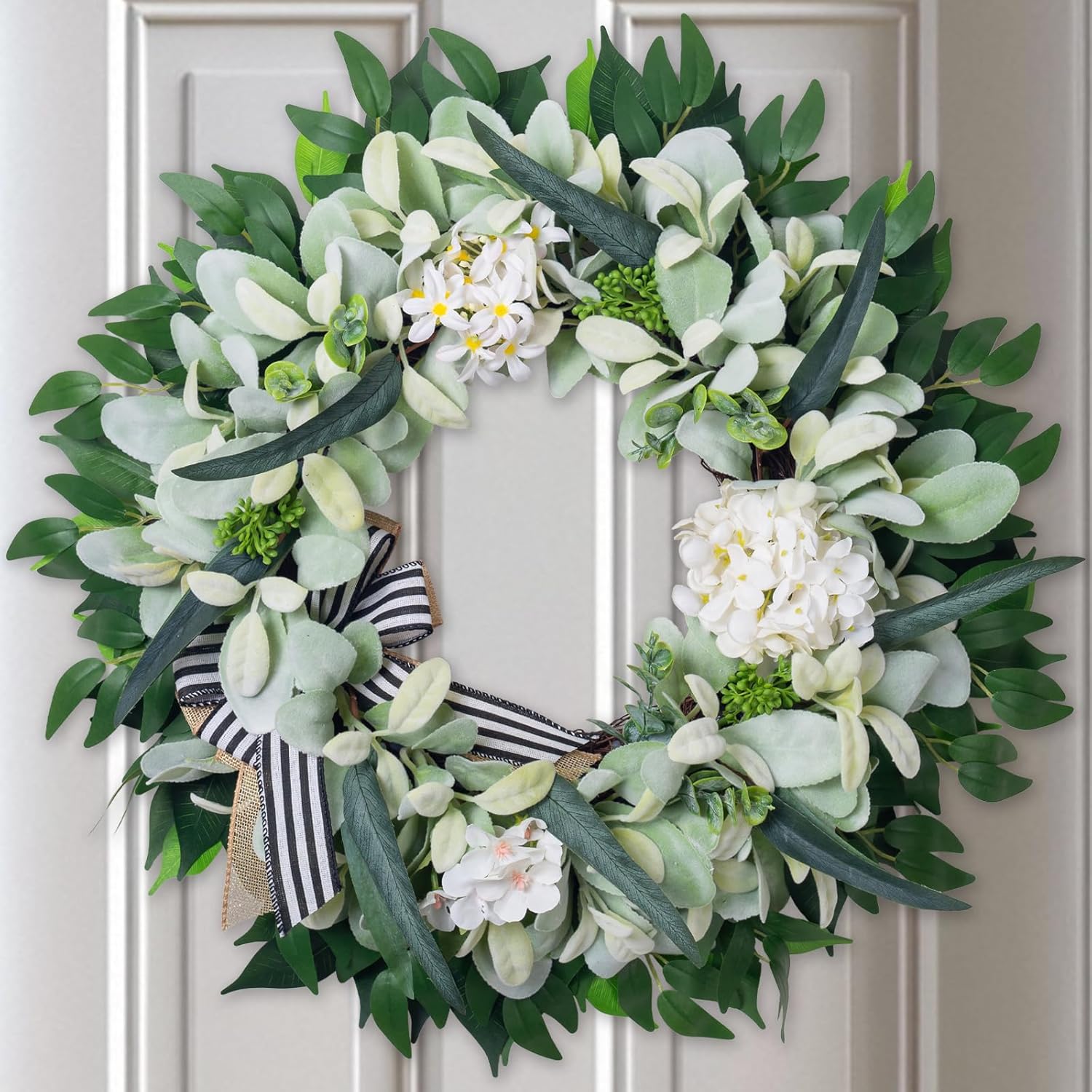 Lamb’s Ear Wreaths for Front Door Window Porch, 20-22" Spring Summer Greenery Wreath for Indoor Outdoor Farmhouse, Artificial Year-Round Hmoe Decor with Bow Hydrangea