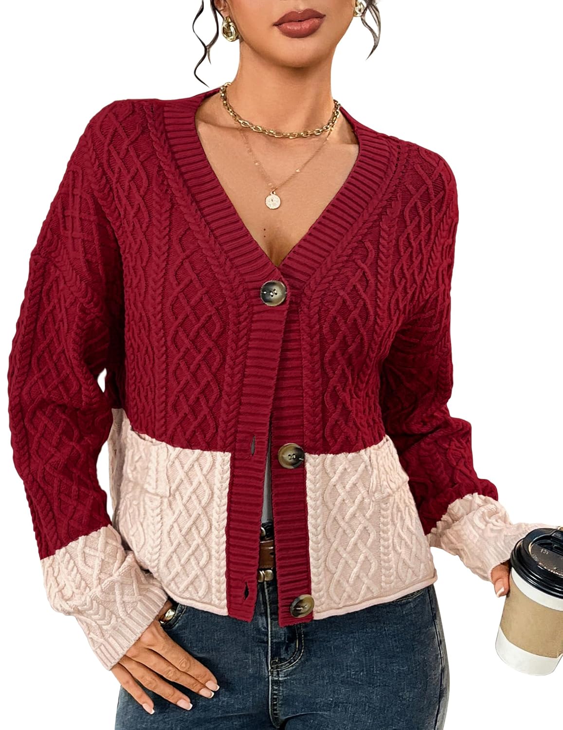 BB KK Cropped Cardigan for Women Fall Color Block Button Up 2025 Long Sleeve Chunky Knit Open Front