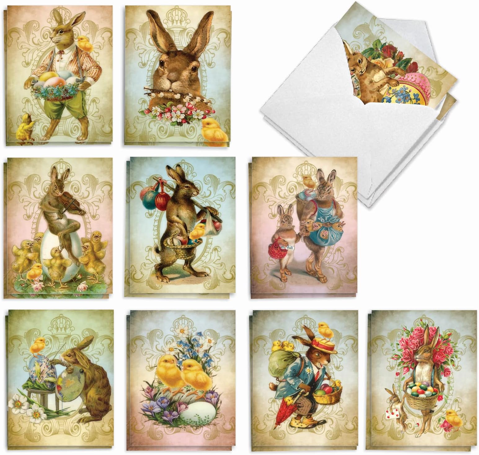 The Best Card Company 20 Assorted Easter Notes Box Set 4 x 5.12 Inch with Envelopes (10 Designs, 2 Each) Vintage Chicks Bunnies AM9164EAG-B2x10