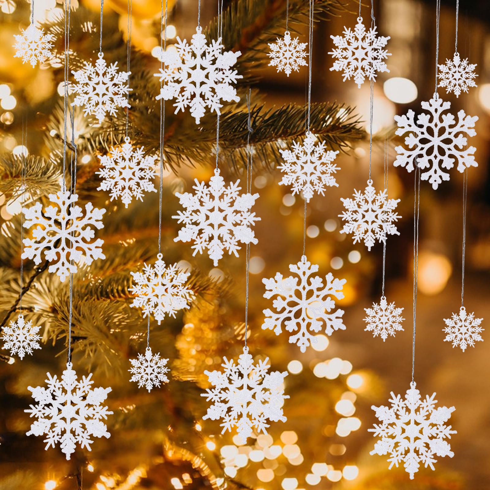 36 adornos de copo de nieve blancos para árbol de Navidad, decoraciones de copos de nieve de plástico con purpurina, copos de nieve de Navidad, adornos de Navidad de copo de nieve, adornos de copos de