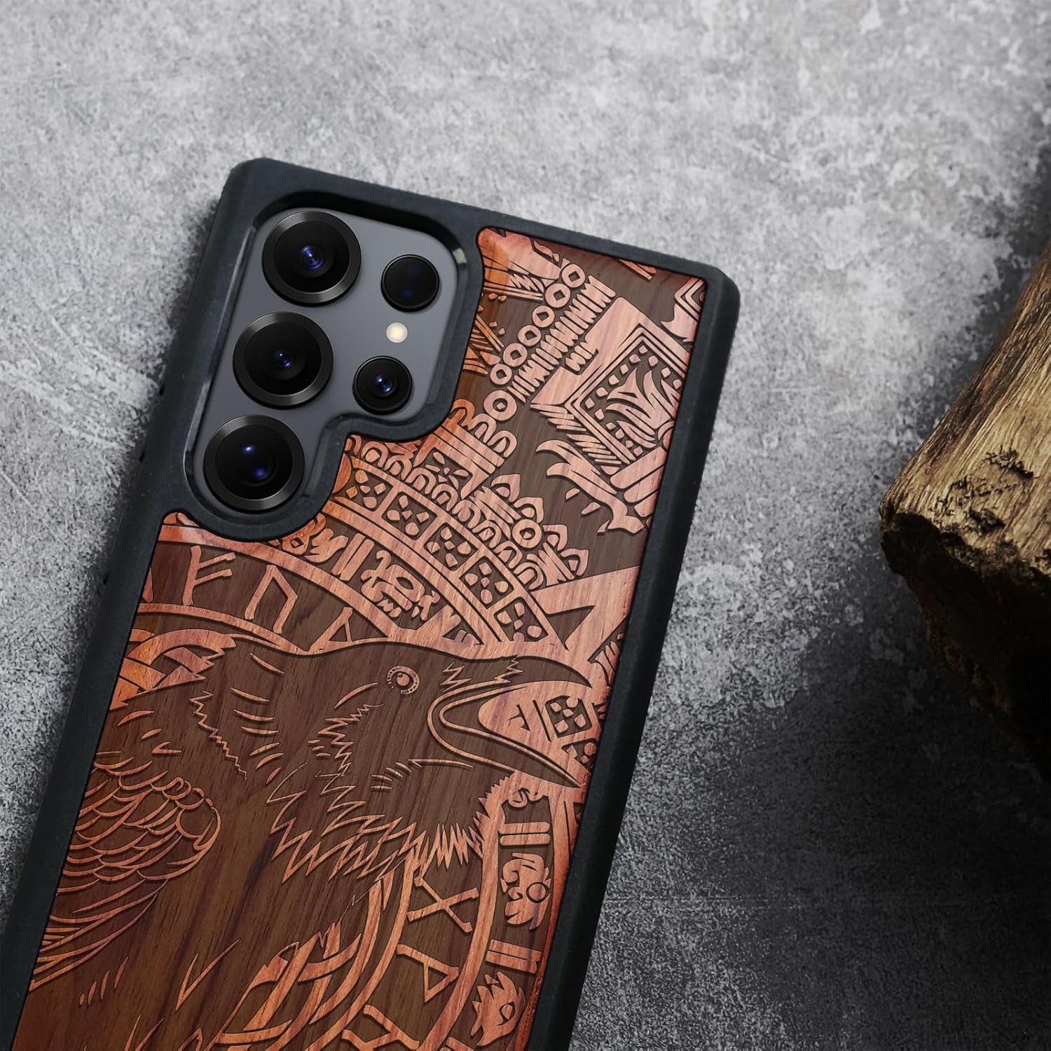 Carveit Magnetic Wooden Case for Samsung Galaxy S25 Ultra Case 2025, TPU Shockproof Cover & Wood Artisan Engraved, Compatible with MagSafe Wireless Chargers (Runic Raven Call) Rosy