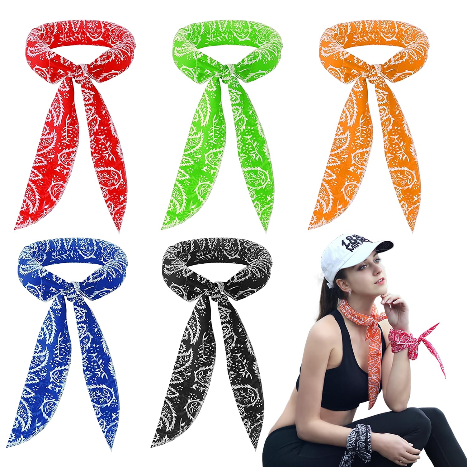 5 Pack Summer Cooling Nmercury Wrap Ice Towel, 5 Colors Cooling Scarf for Neck Fast Cooling Towels Bandana, Cool Ice Headband Keep for Gym, Golf, Yoga-image-20