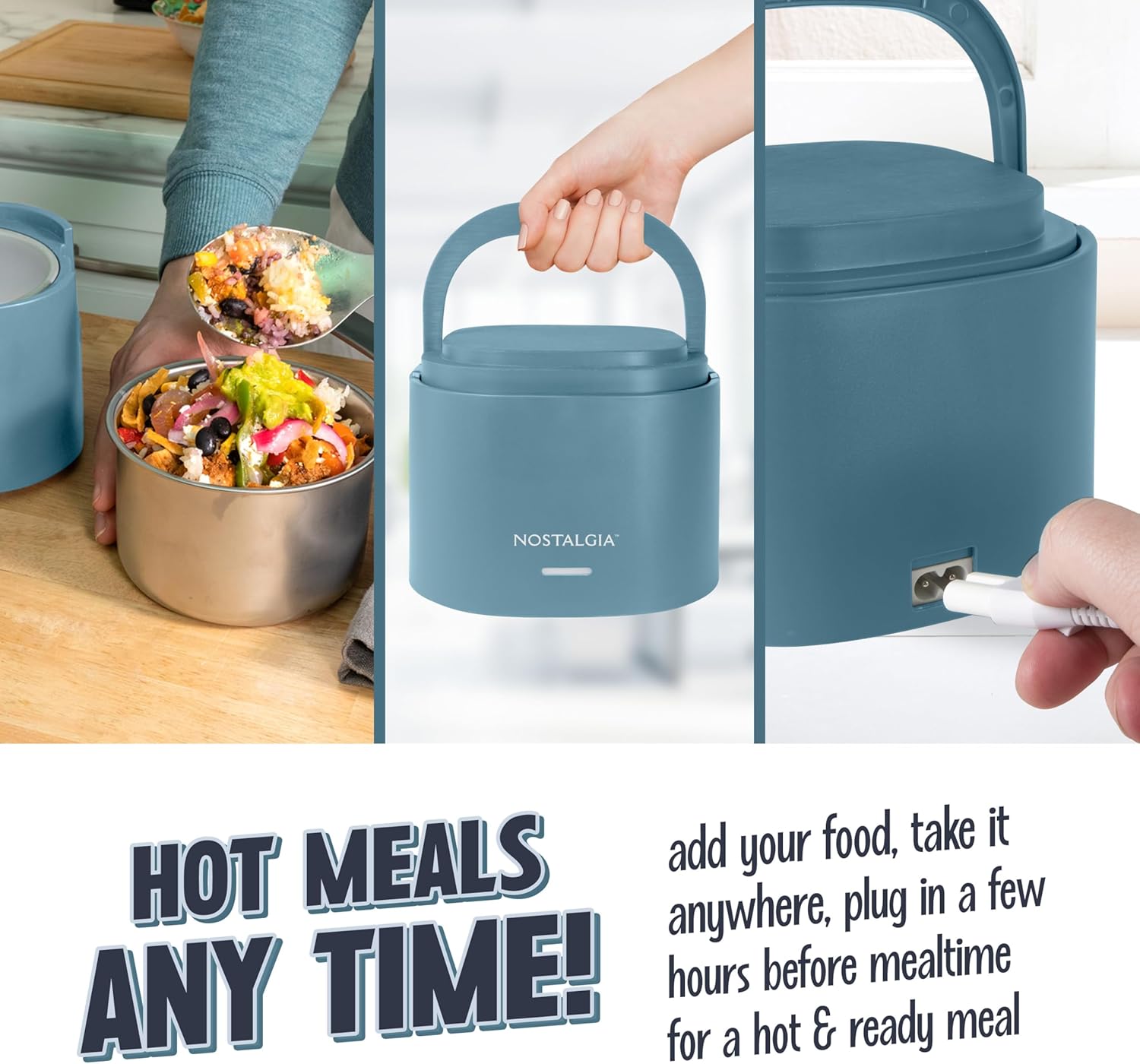 Nostalgia Portable Heated Lunch Box – 2.5-Cup Stainless Steel Food Warmer – Detachable Cord, Leak-Proof Lid, Carry Handle – Portable for Work & Travel – Ocean Blue