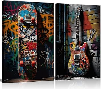 2pcs Framed Street Graffiti Canvas Wall Art Hip Hop Pop Banksy Pictures Posters Paintings Prints Teen Boys Room Wall Decor Modern Cool Skateboard Guitar Artwork for Man Cave Living Room 16x24inx2