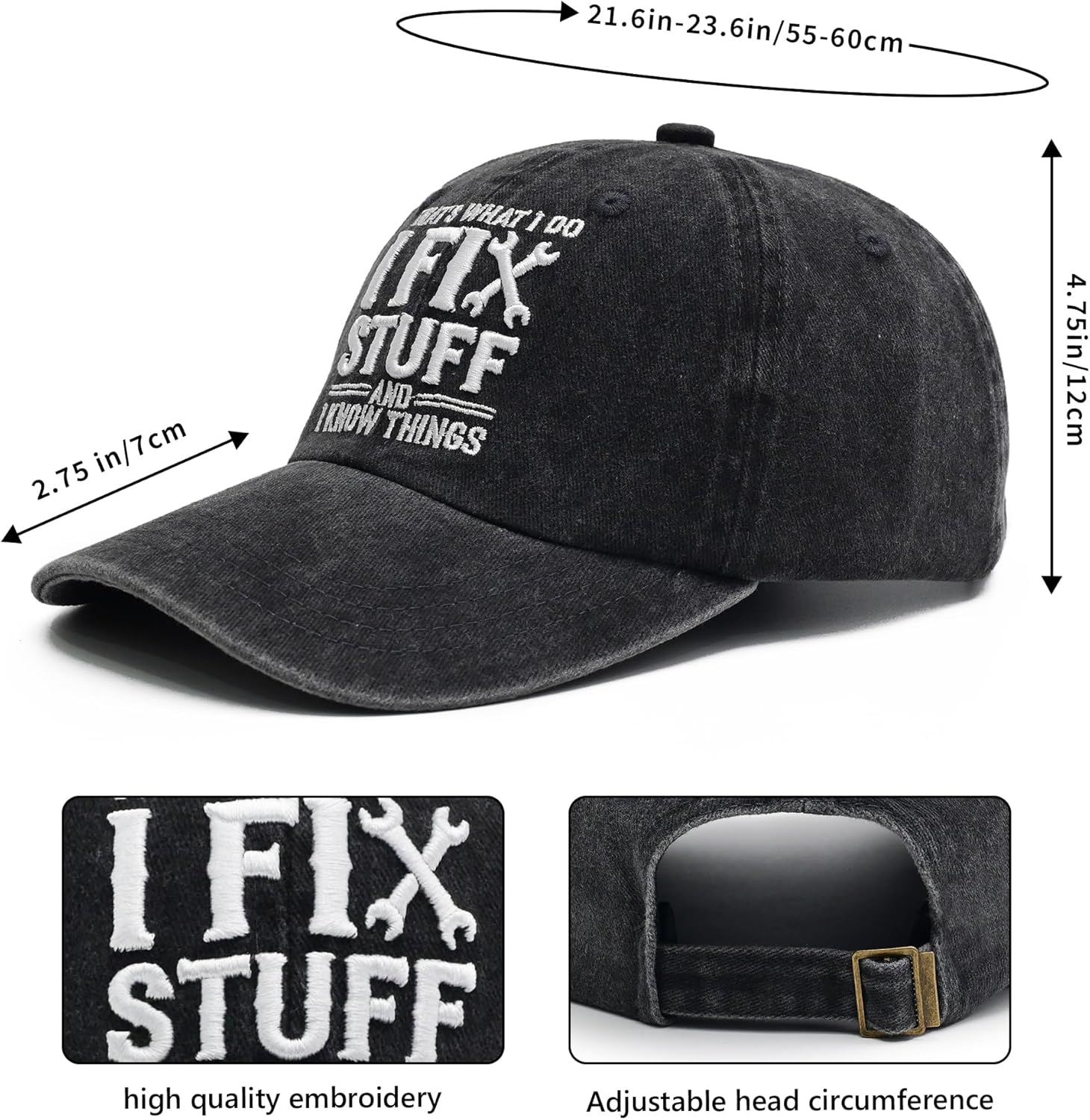 3D Embroidered Cotton Baseball Cap Adjustable Vintage Dad Hat for Men I Fix Stuff I Know Things Washed Hat Birthday Gift - Image 2