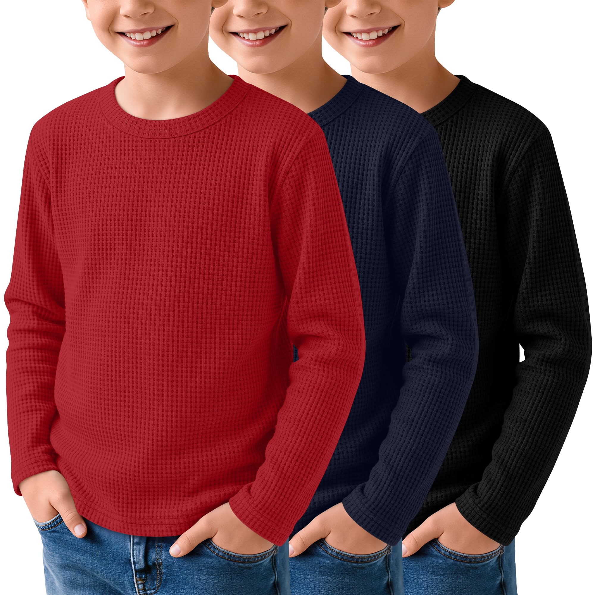 3 Pack Boys Waffle Shirts Kid Long Sleeve Warm Tops