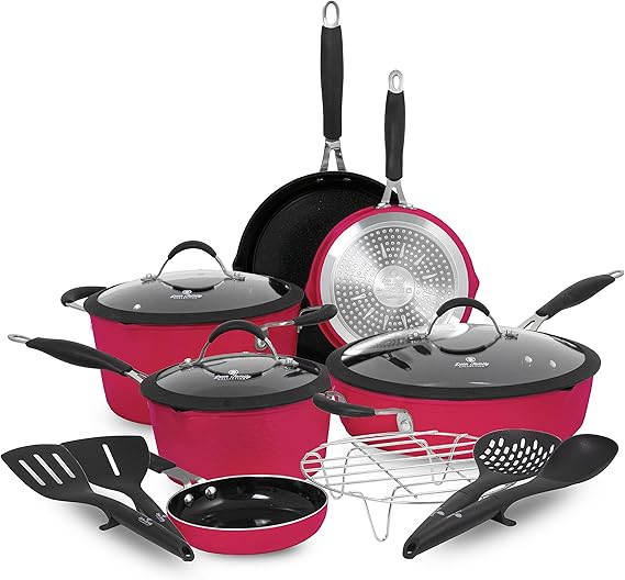 Paula Deen Family 14-Piece Ceramic, Non-Stick Cookware Set, 100% PFOA-Free and Induction Ready, Features Stay-Cool Handles, Dual Pour Spouts and Kitchen Tools (Ruby Red)