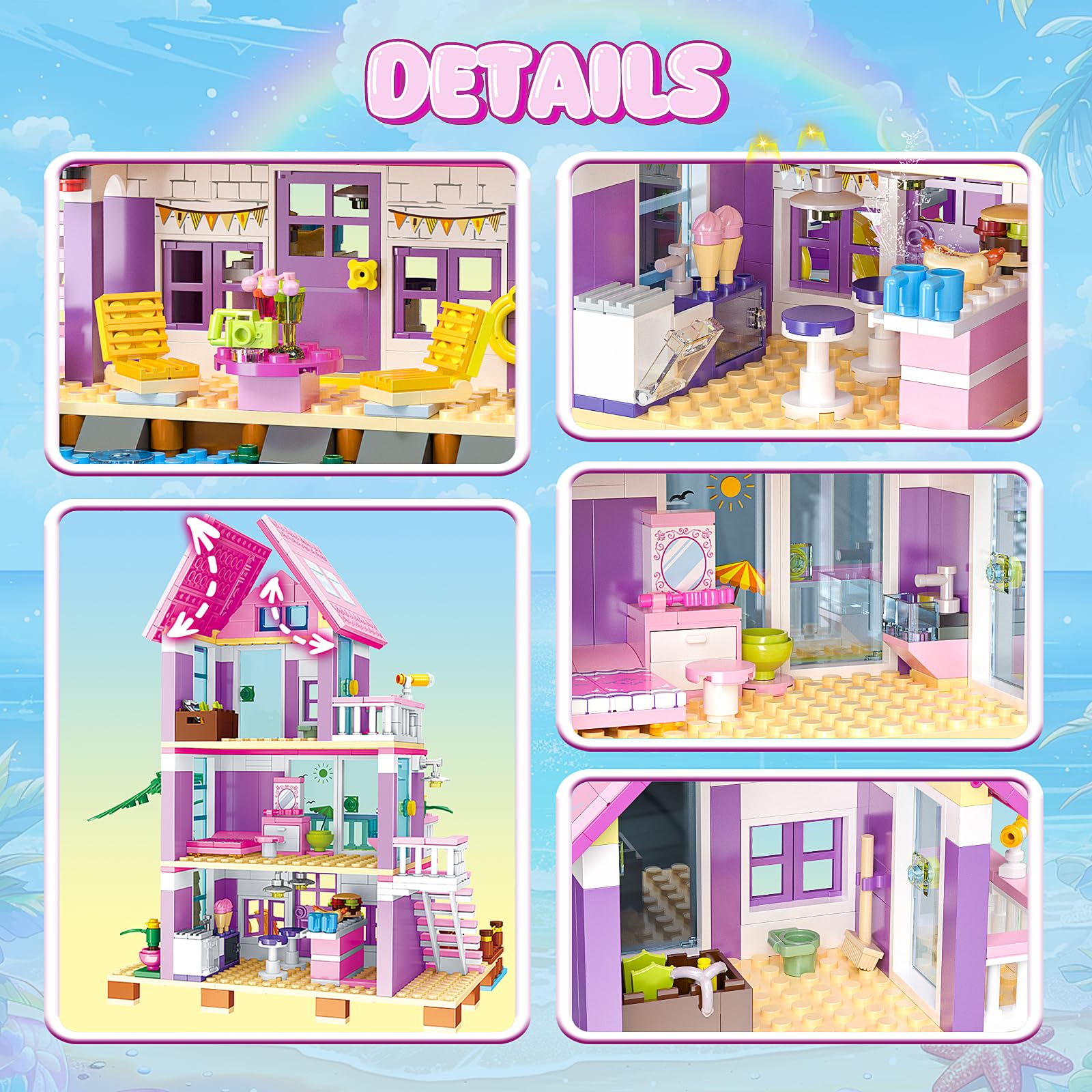 Beach House Building Sets, Seaside Villa House Building Toys Compatible with Lego Friends Sets for Girls Age 8-12, Creative Holiday Cottage Building Kit, Gift for Christmas, Valentine's Day, Party