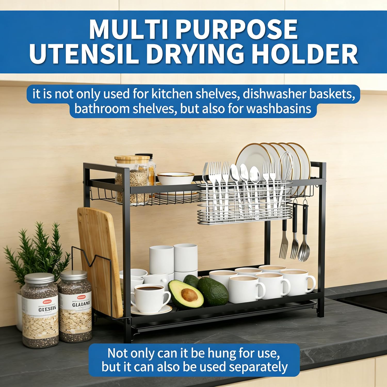 2pc 304 Stainless Steel Utensil Holder,Silverware Drying Rack with Hooks for Dish Drainer,Dish Drying Rack with 3 Divided Compartments,Knife and Fork Drainage Rack,With Hooks, Rust Proof, Color-Silver