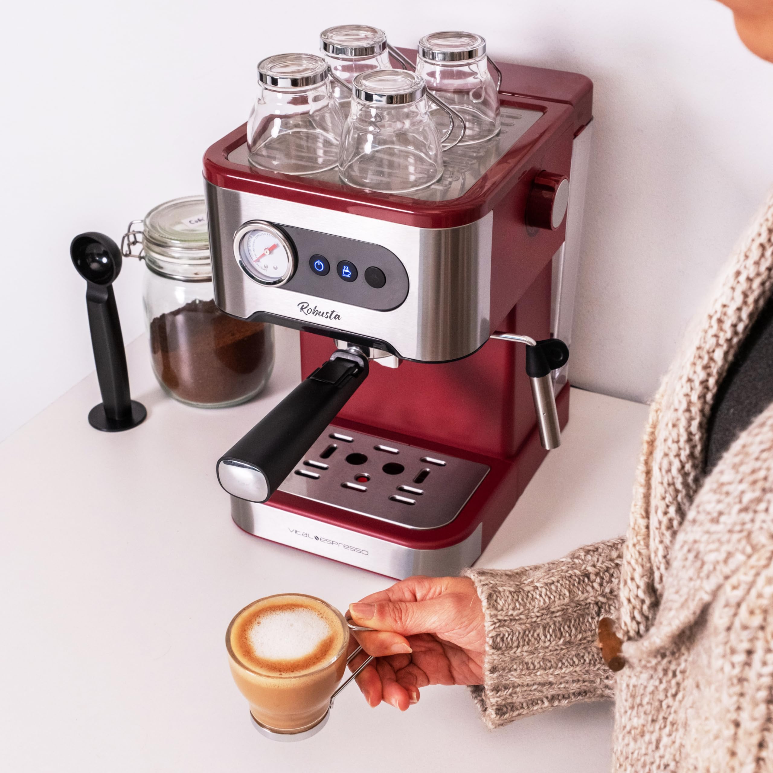 XSQUO Useful Tech Caffettiera Express. Espresso e Cappuccino, 1350w, 20 bar, Vaporizzatore Orientabile, Sistema Thermos Block di riscaldamento rapido.. Vital Espresso Robusta.
