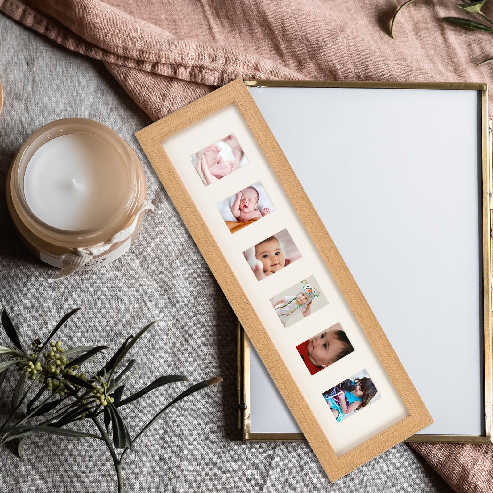TOYANDONA Marco de Fotos de Madera para Bebés 6 Agujeros, Soporte de Escritorio para Recuerdo de Primer Año, Portafotos Infantil para Recién Nacidos y Decoración de Habitación