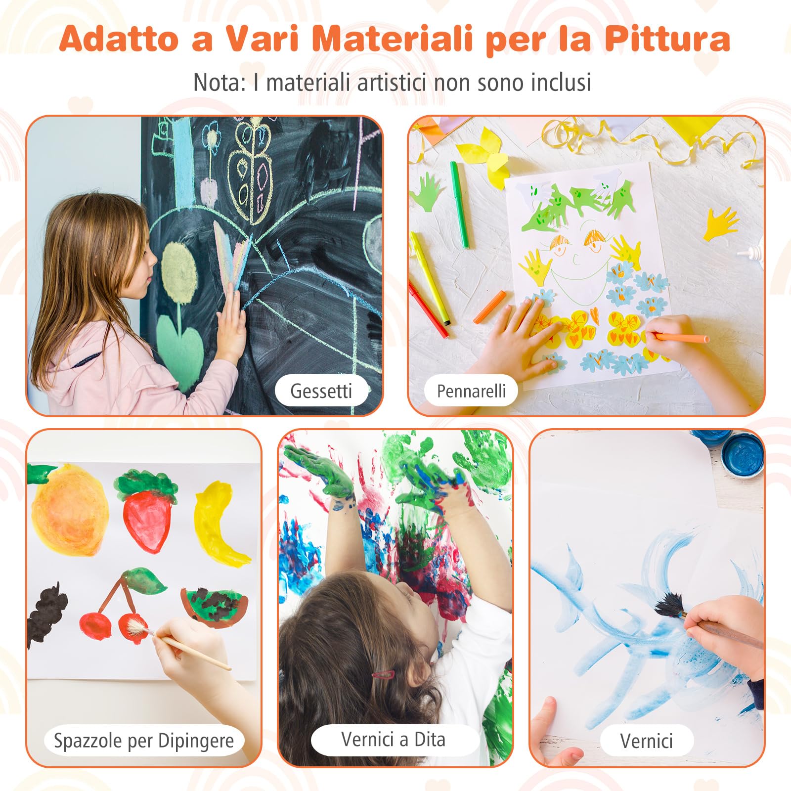 RELAX4LIFE Cavalletto per Bambini, Cavalletto a Doppia Faccia con Rullo di Carta, Vassoi di Stoccaggio, 4 Tazze per Pittura e 2 Cassetti, Cavalletto Disegno in Legno per Bambini 3-10 Anni