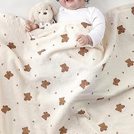 CREVENT 30\'\'X40\'\' Organic Muslin Cotton Baby Blanket for Newborns, Soft Mink Backing, Essential for Baby Shower Birthday Gift - Bear 75X100cm