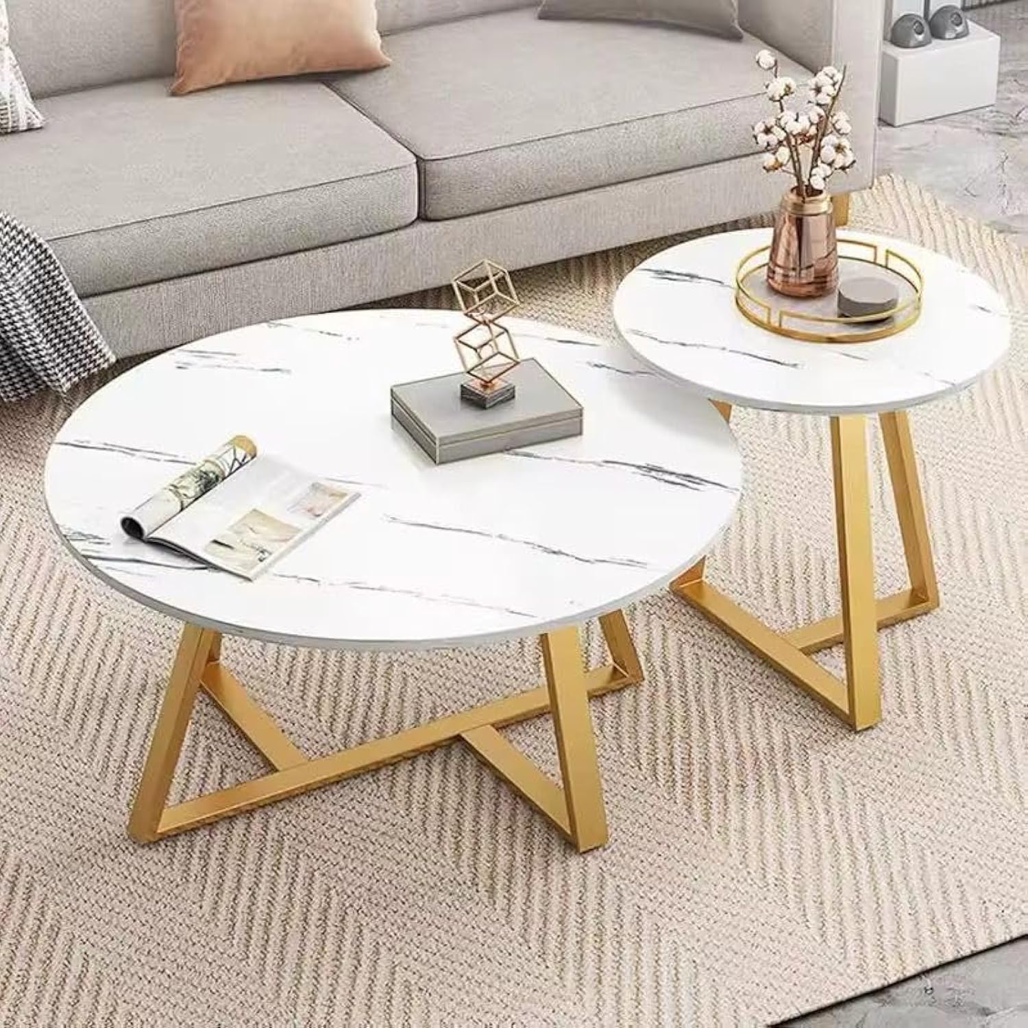 Sky over Modern Nesting Coffee Table Set of 2, Round Accent Coffee Table with Faux Marble Pattern Wood Top & Gold Metal Frame for Living Room Office Balcony