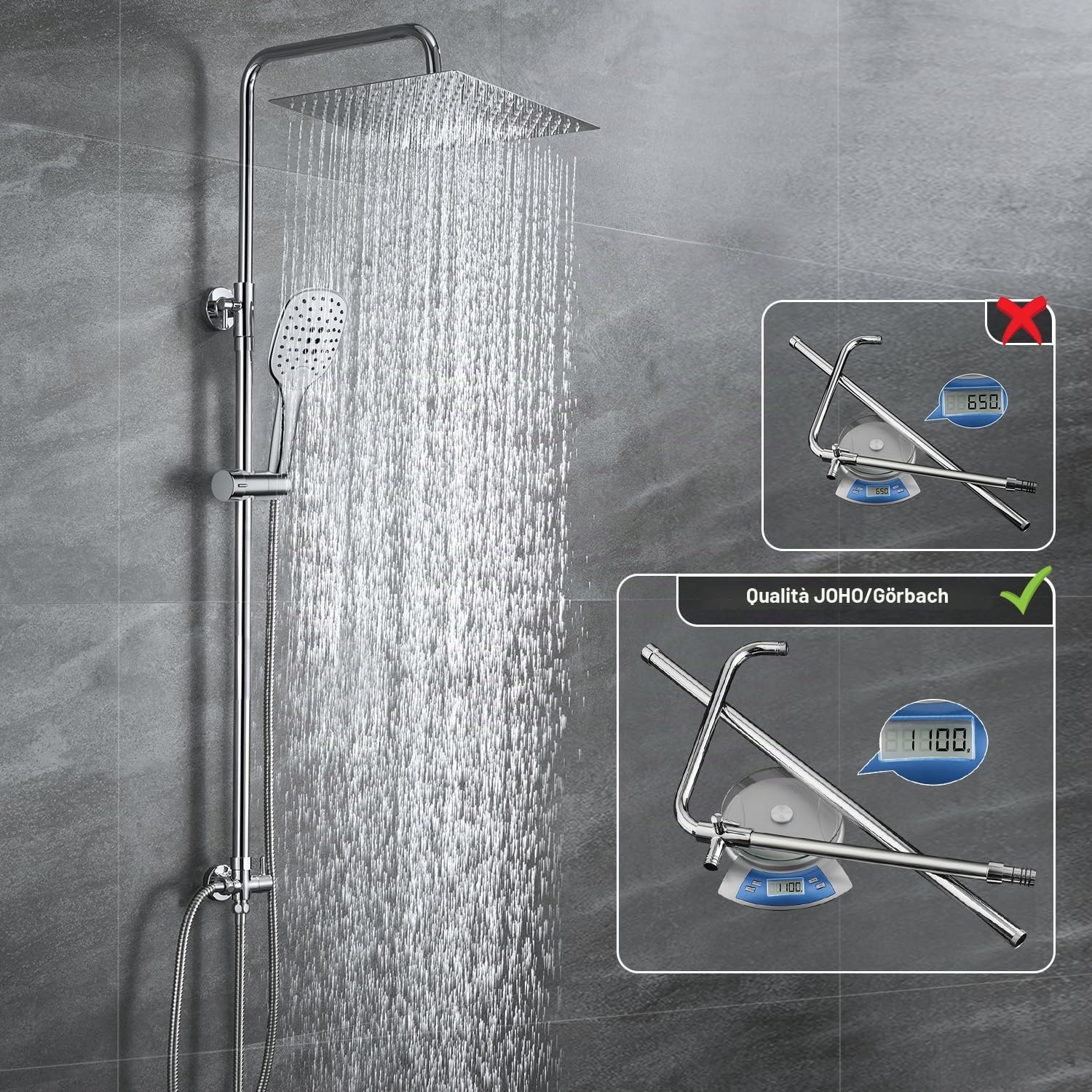 JOHO Colonna Doccia in Acciaio INOX Termostatica Set Soffione 20x20 cm Cromo