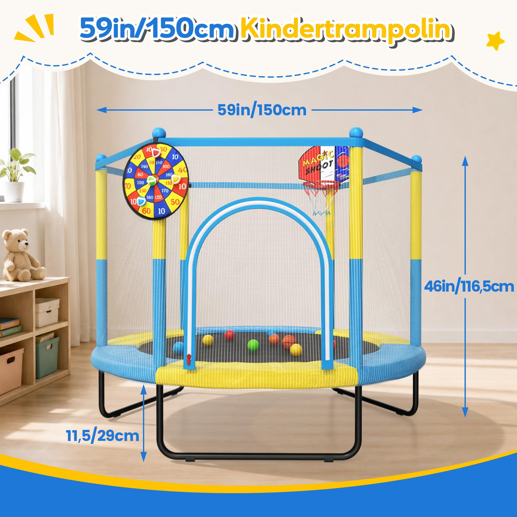 ROPODA Trampolino per bambini per interni ed esterni con rete di sicurezza, cestino da basket e robusto tappeto per saltare
