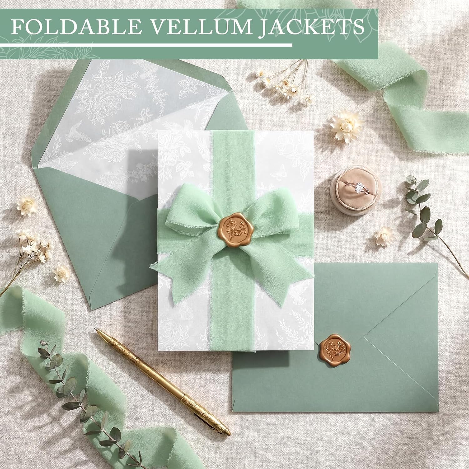 YooNotee 50 Set Wedding Invitation Wrap Set Pre Folded Vellum Jacket for 5x7 Invitations with Sage Green Envelope Gold Wax Seal Stickers Wedding Invitation Accessories Kit for Bridal Invite DIY Craft