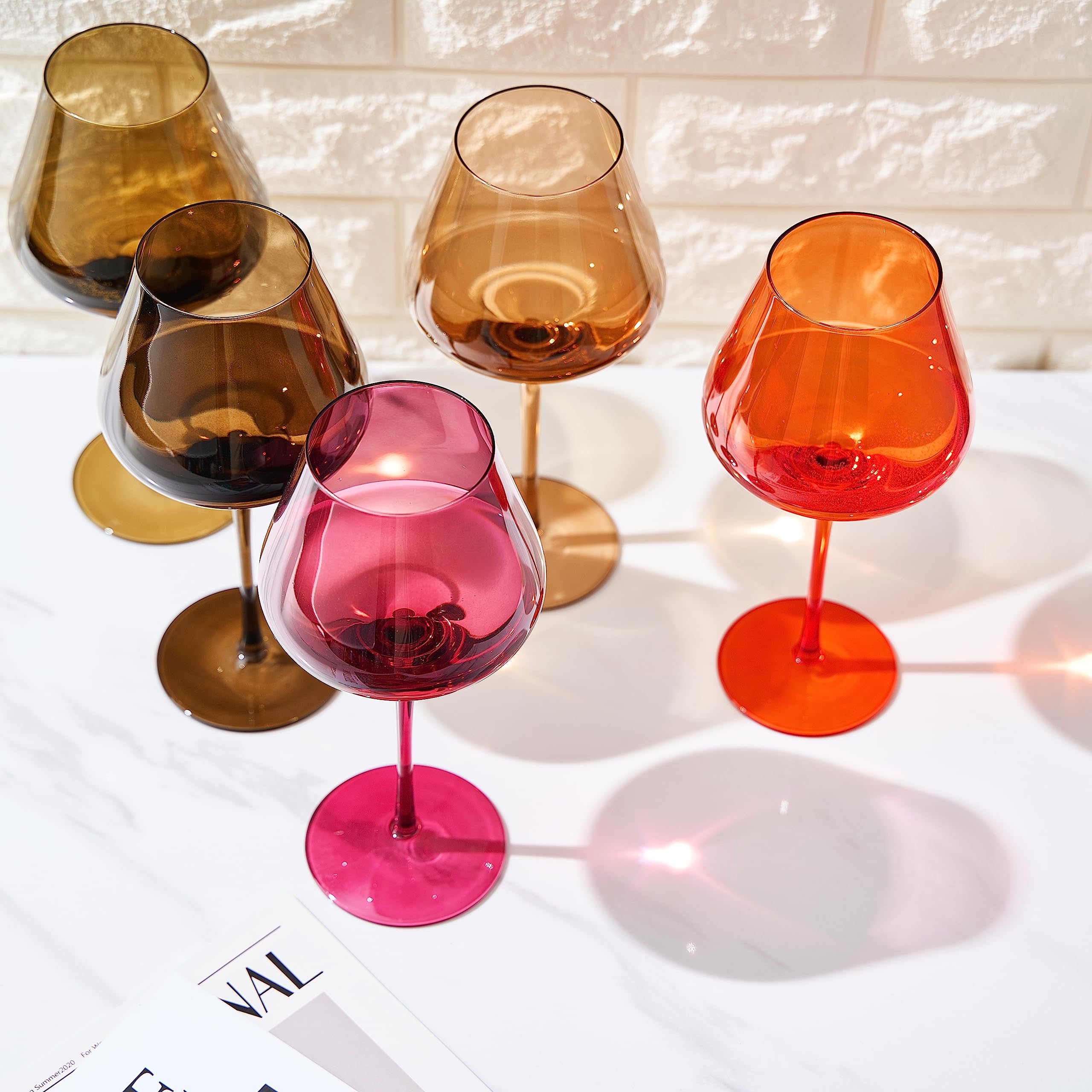 Khen Juego de 5 copas de vino de cristal de colores, vasos grandes de 20 onzas, flor de verano, estilo italiano brillante, vasos de tallo alto para vino tinto y blanco, copas de cena de agua,