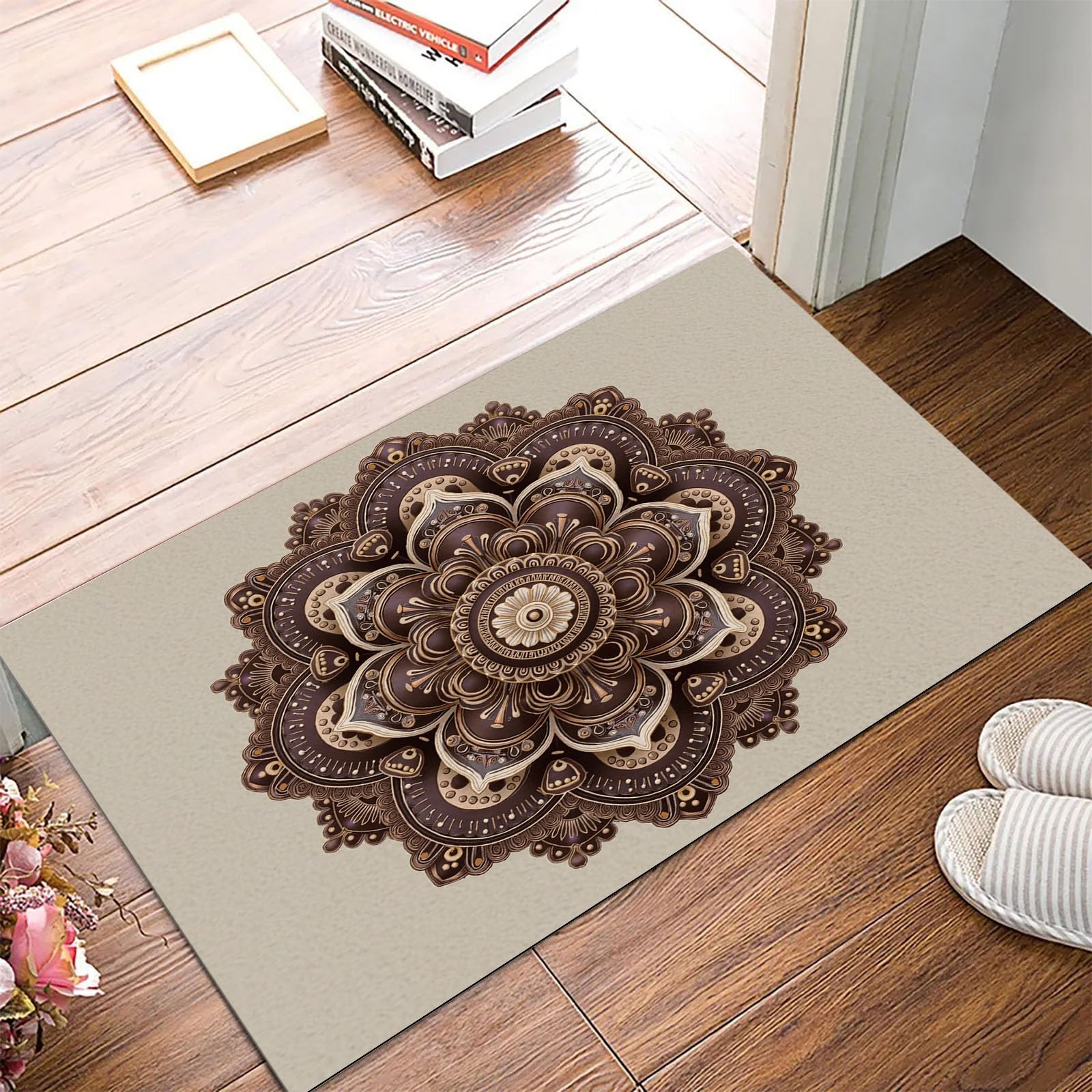 Tapis de sol mandala marron pour couloir et entrée bohème