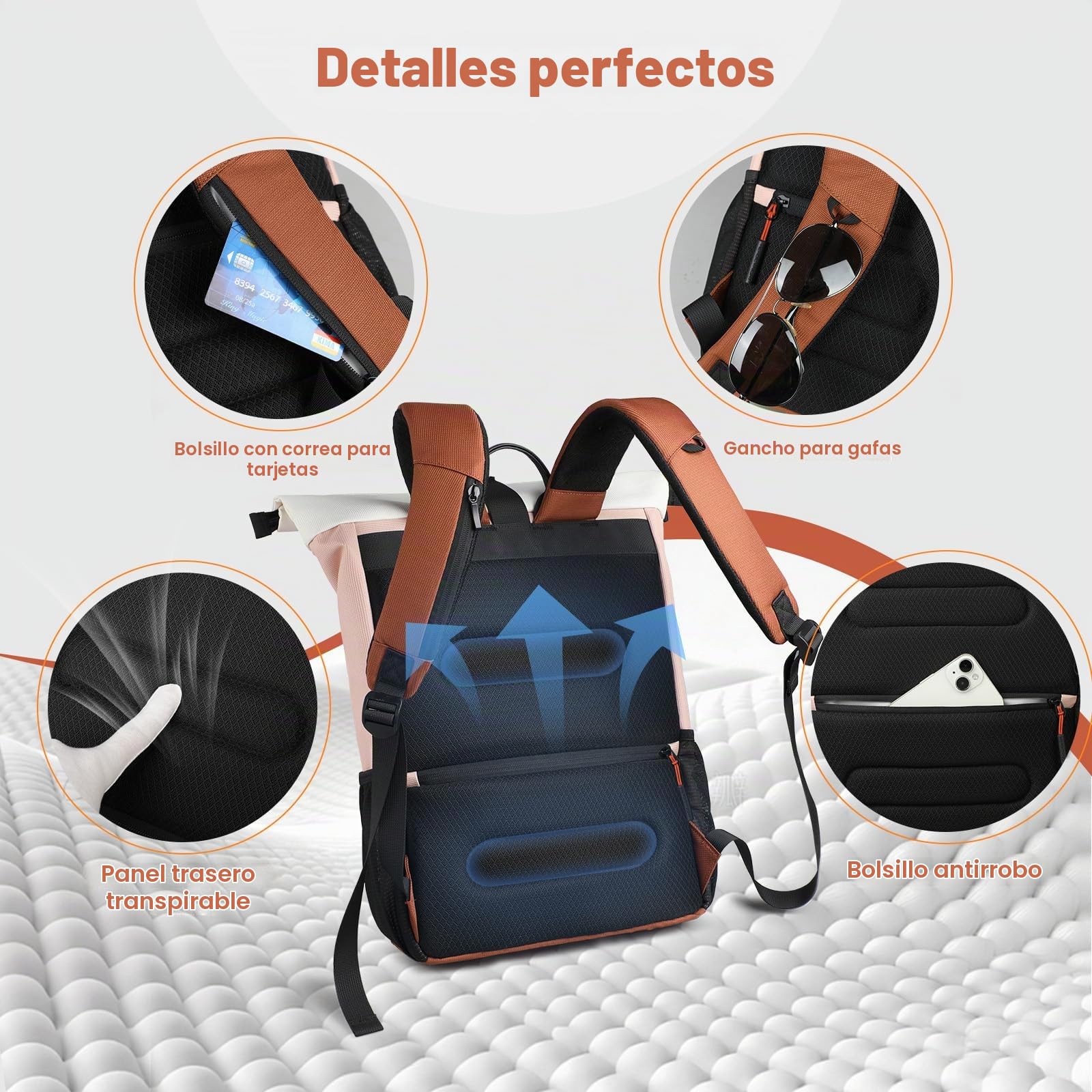 hk Mochila Roll Top para Mujer, Mochila Portátil para Laptop de 17 Pulgadas | Mochila Impermeable con Puerto USB A&C, Mochila Antirrobo Expandible 18-26L para Trabajo Universidad Viajes y Uso Diario,Rosa