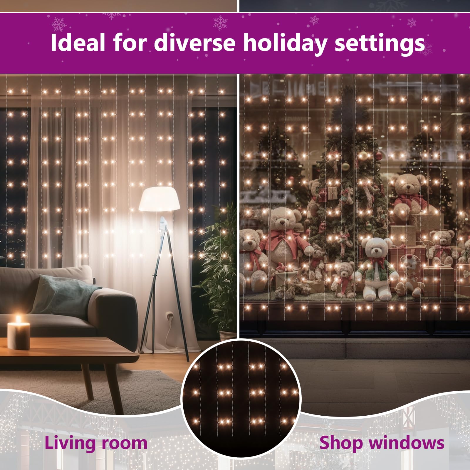 vidaXL LED Lichtervorhang Lichternetz Innen Außen Garten Weihnachten Lichterkette Deko Weihnachtsdeko 3x3m 300 LEDs Warmweiß 8 Funktionen