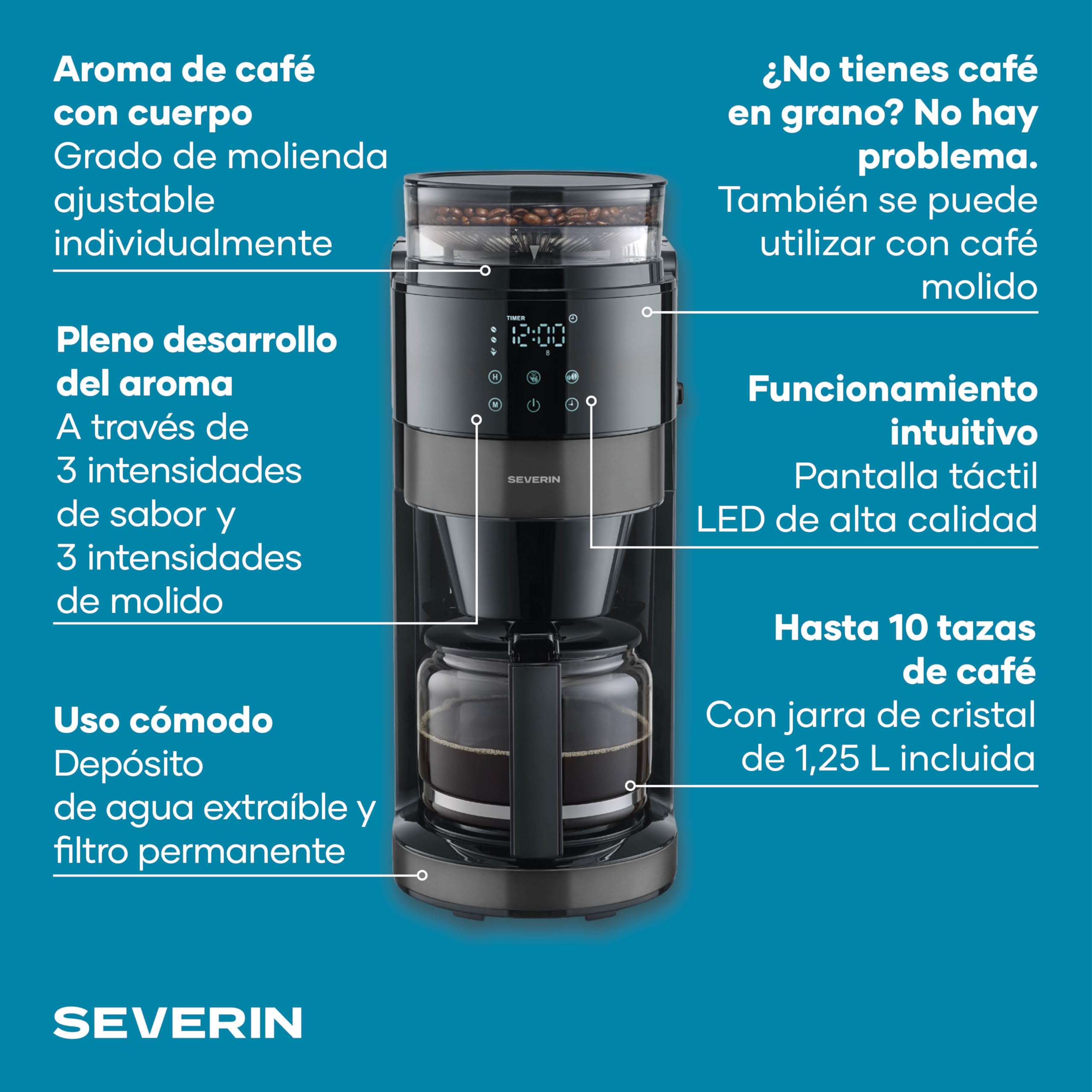 Severin Cafetera de goteo, con jarra de cristal y molinillo, 1,25L de capacidad, hasta 10 tazas, interrupción por goteo, aroma intenso, pantalla LED, 900W, inox oscuro, negro, KA 4830