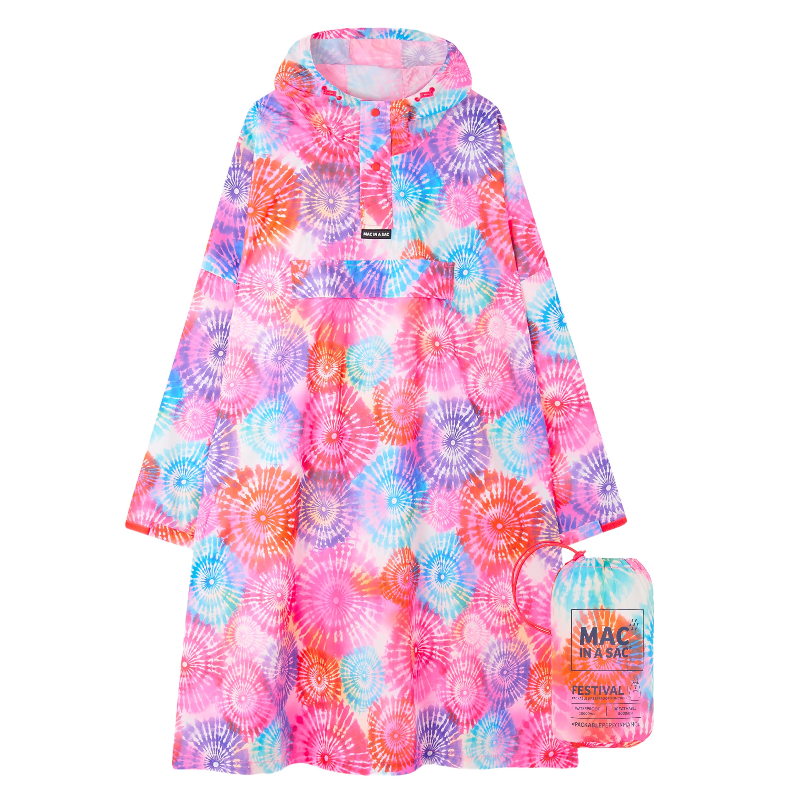 Mac in a Sac Festival Poncho - Packable Waterproof Cape - Unisex - Highly Breathable (8,000gsm) - Adjustable Snap Sides - Tie Dye