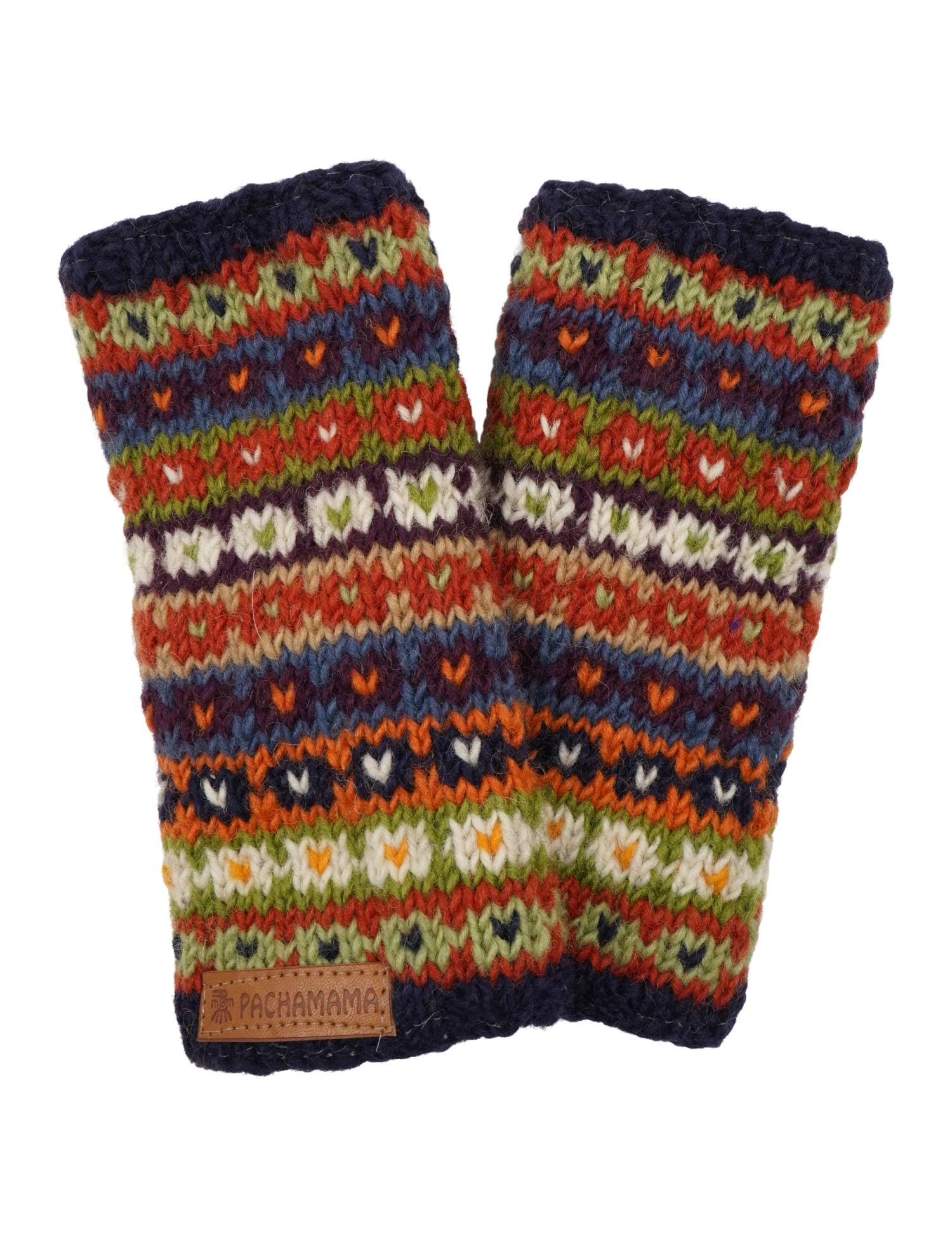 Pachamama Women's Multi-Coloured Wool Hand Wrist Warmers Fleece Lined Handknitted Flecked Stripe Blue One-Size Handmade Thermal Extra Warm Fair Trade