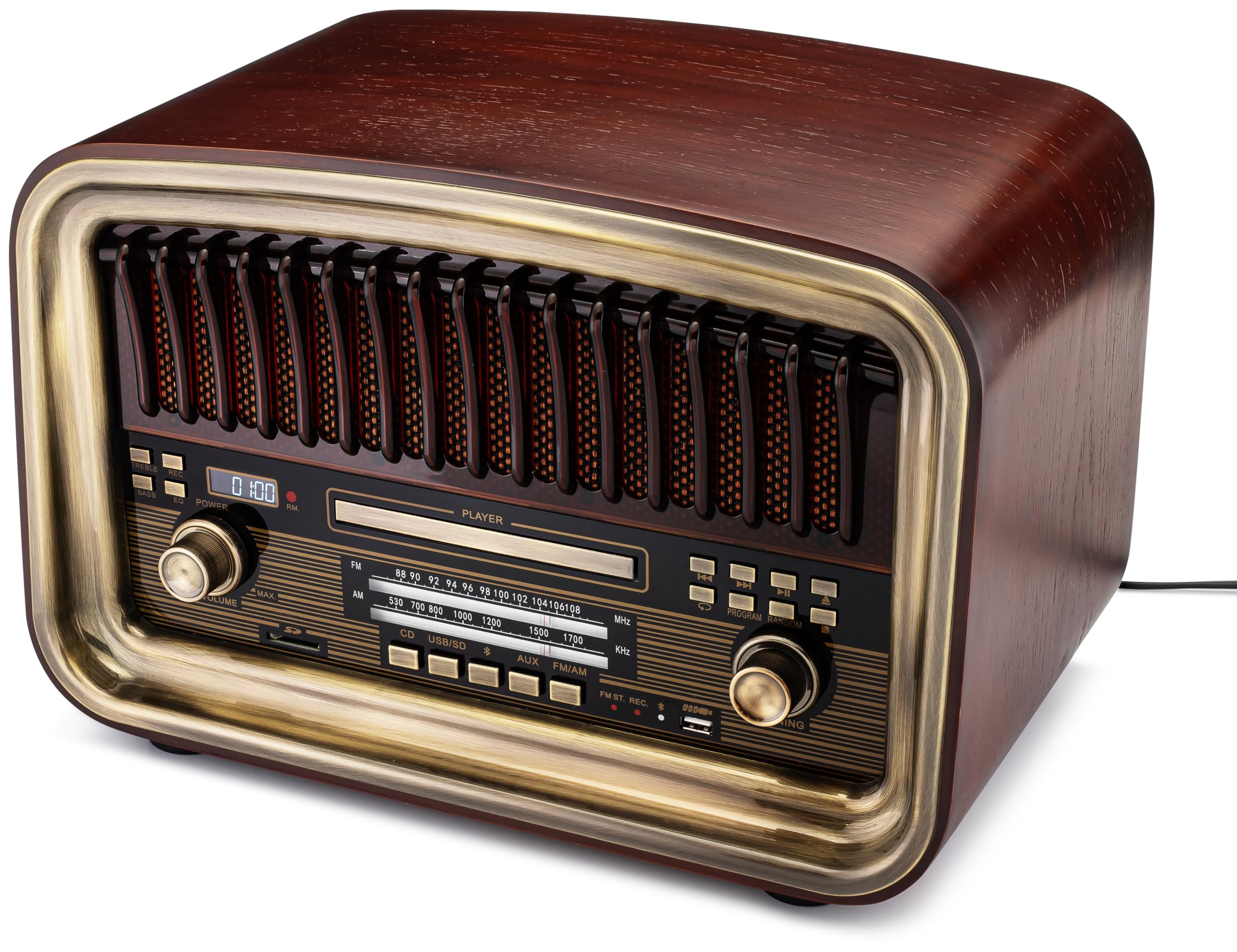 soundbeast all-in-one am/fm radio with cd player, bluetooth input, usb playback & recording, sd card playback, aux input, built-in speakers, handmade wooden exterior