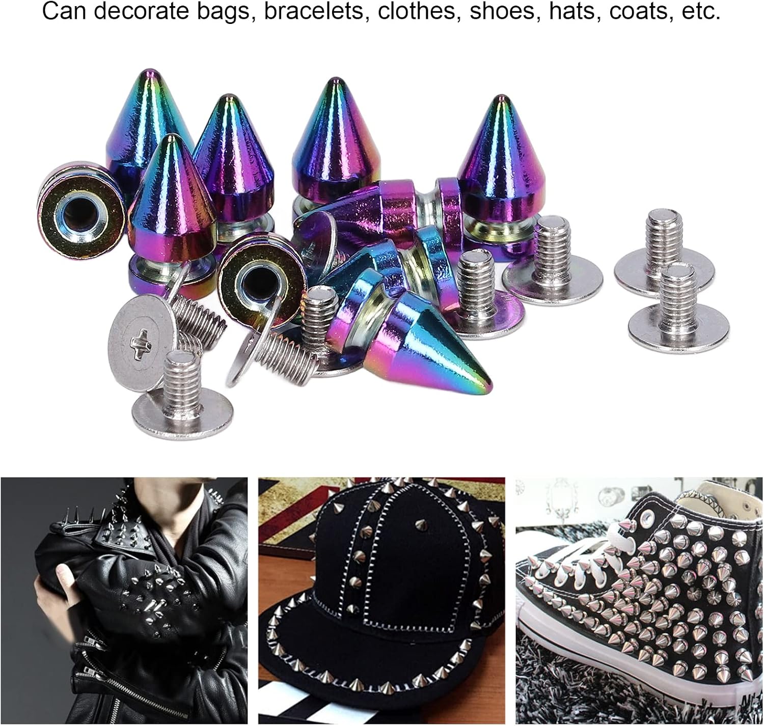 Fayelume 10 Sets Spikes Studs, High Hardness Punk Accessories, Holographic Screw Rivets for Clothing, Crafts, Shoes, Leather Crafting