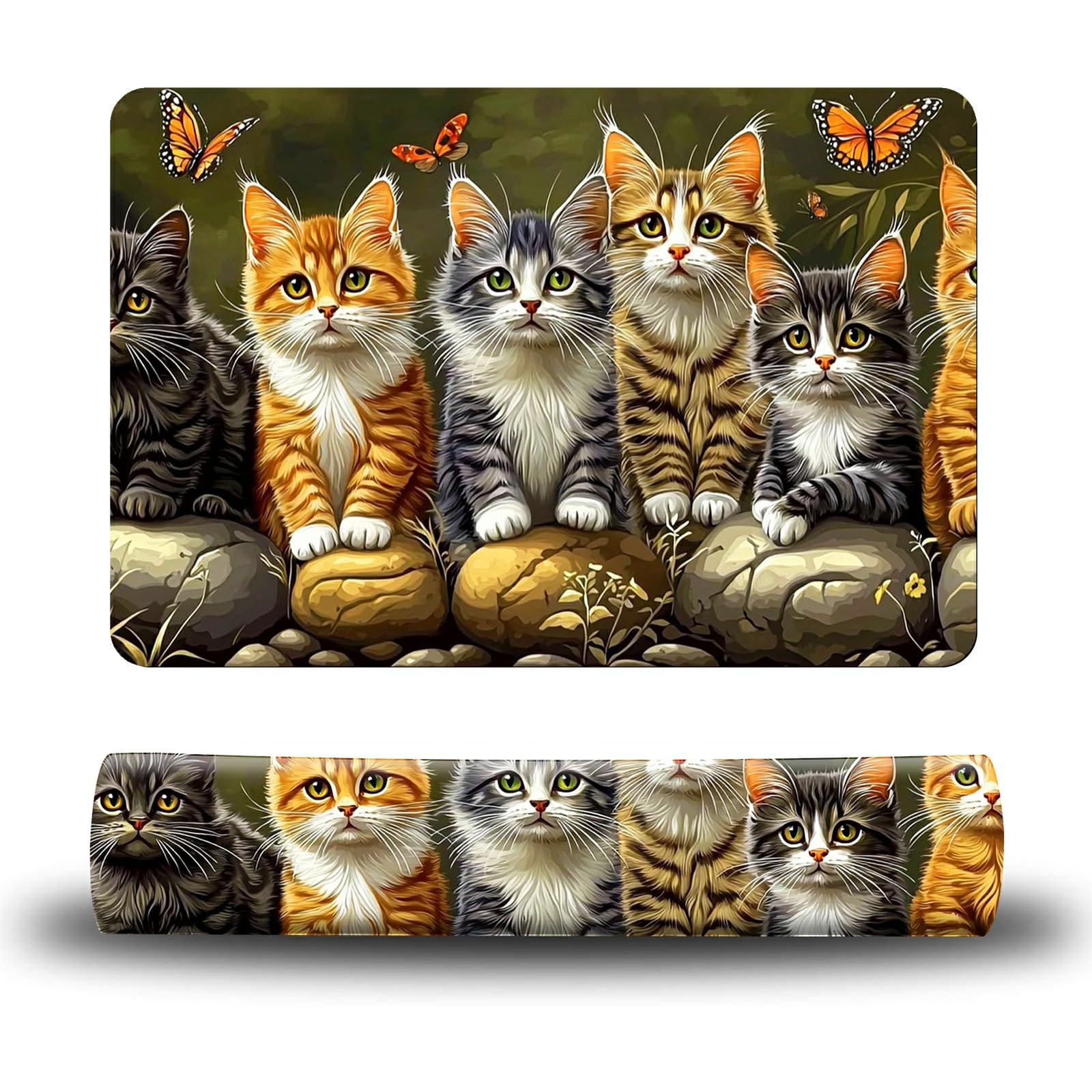 Dikoer Dog Food Mat, 15.7" x 23.6" Absorbent Pet Feeding Mat for Food and Water, Waterproof Diatom Mud Pet Placemat with Non-Slip Rubber Backing, Easy Clean Cat Bowl Mat for Floors - Flower Cat 1