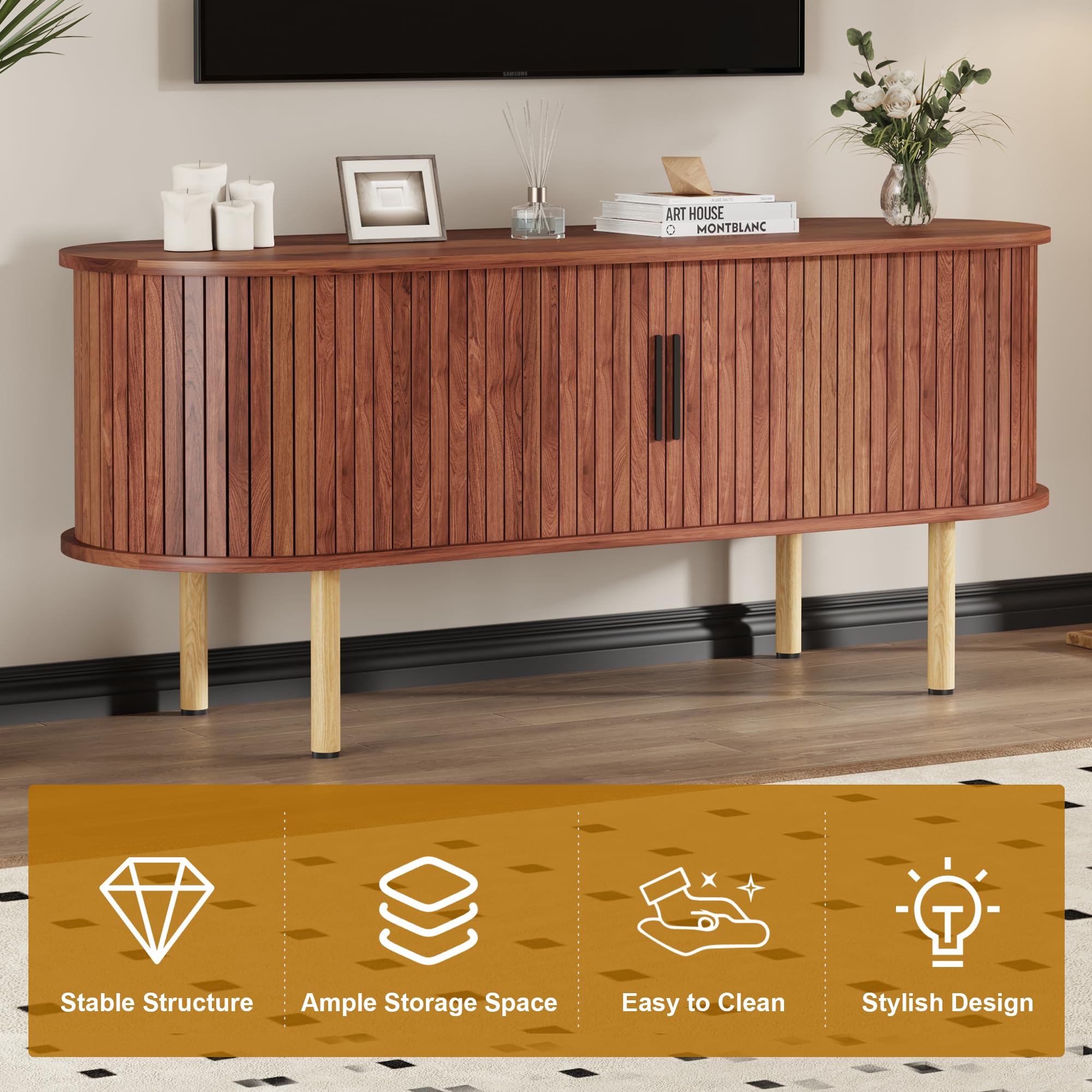 Garvee Mobile Porta TV 120 cm (47,2") per TV fino a 80" - Console TV moderna in legno finitura noce - Ante scorrevoli, vani contenitore e ripiani regolabili - Per soggiorno/camera/ufficio - Huang