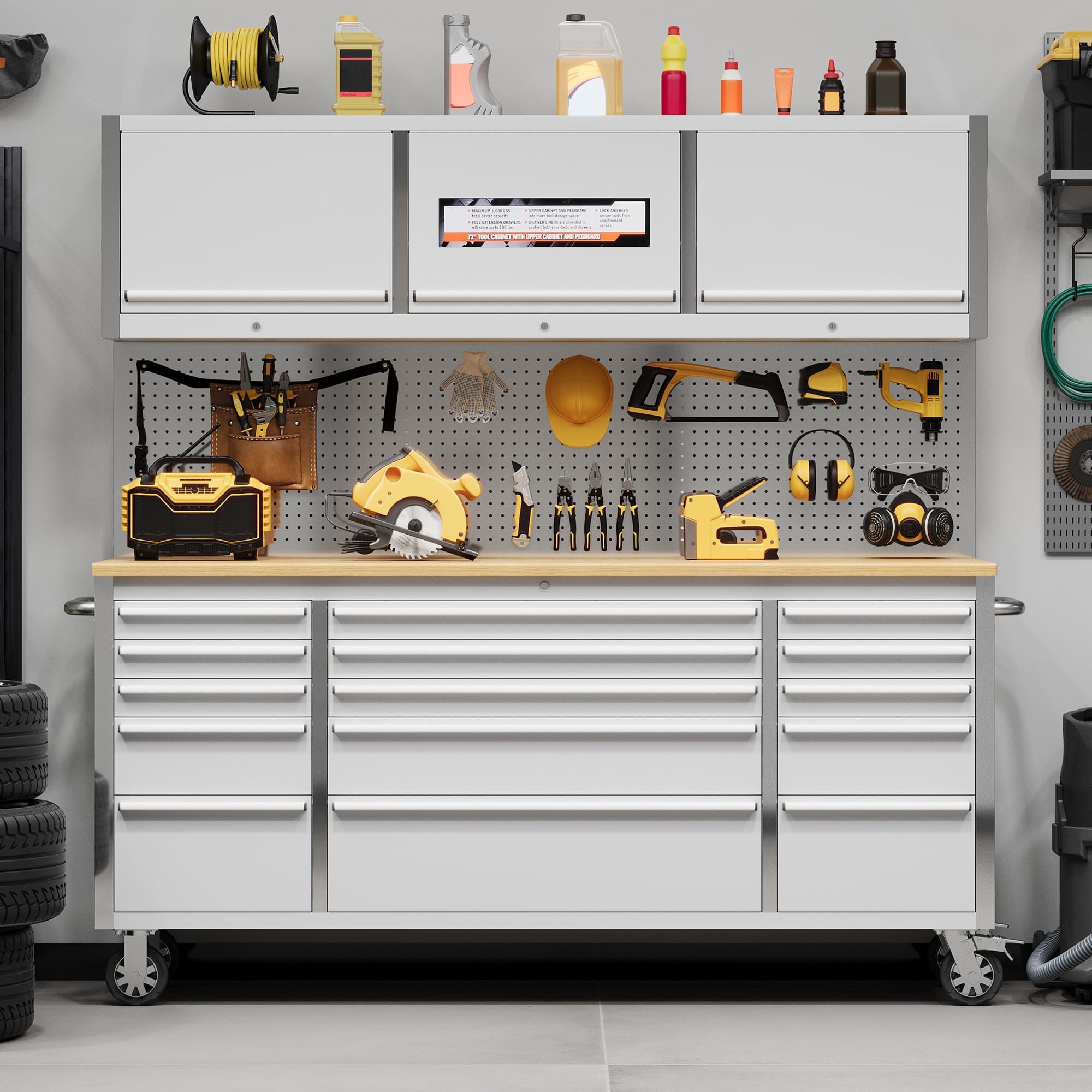 72" Rolling Tool Chest with 15 Drawers, Solid Rubber Wood Workbench Top, Locking Wheels & Key Lock, Mobile Garage Tool Cabinet for Workshop Storage and Organization